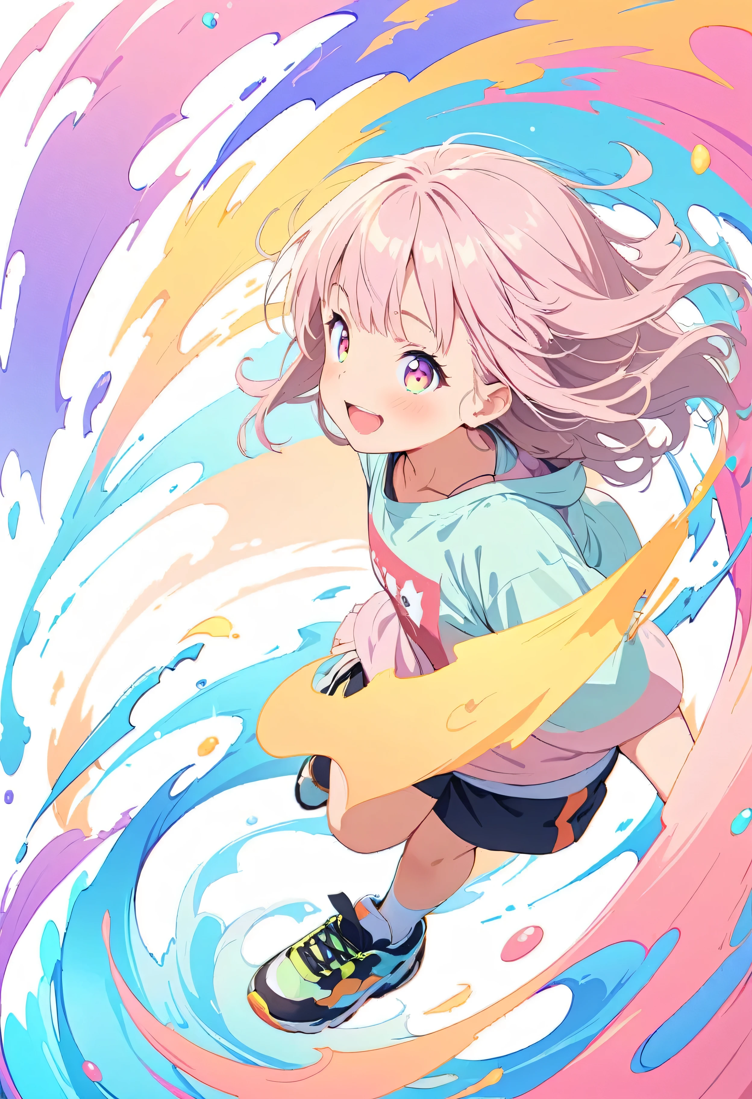 (masterpiece, Highest quality, Official Art:1.2), (colorful), Perfect Anatomy, Looking at the audience, One Girl, alone, White Background, floating colorful water, Ultra-fine illustrations, highly detailed, Dynamic Angle, beautiful detailed, 8K, break smiling amidst the colorful scenes, (Highest quality, masterpiece, High resolution, detailed), Anime Style, (Shining Eyes, detailed美しい顔), break,Dynamic Angle, Whole body shot, pastel colour, Vector illustration, 