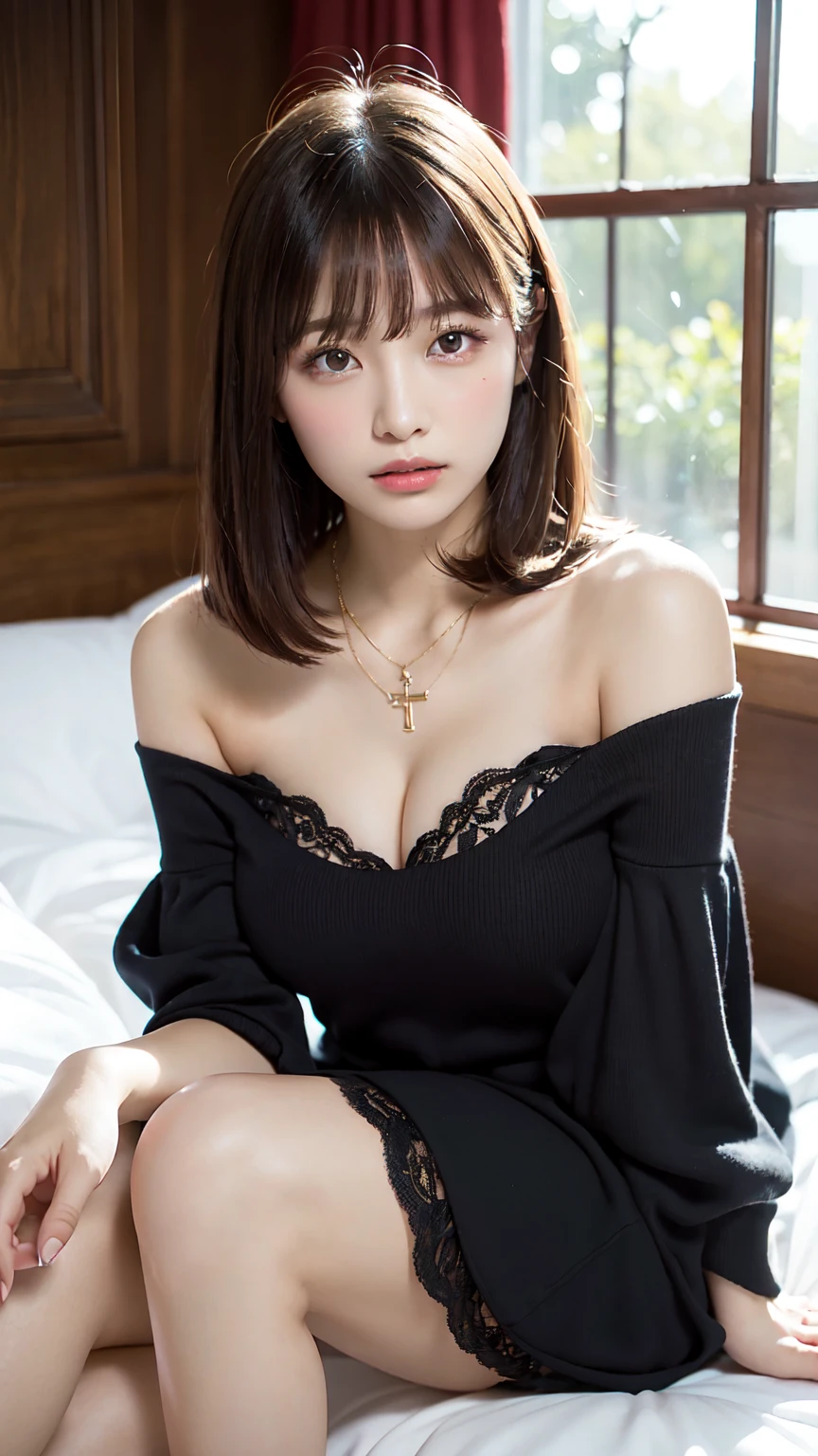  body、Full body Esbian、lying on bed, sexy model posing on bed, leaning back, Very small waist、(very big breasts:1.3)、plump thighs、natural skin、Extra-fine face、Refined Layered Hairstyle, extra thin hands, Very thin fingers, Best ratio、surreal, ((Feminine Lace Dress、Exposing too much skin、off shoulder、The length is short and the thighs are visible))、cheeks turn red、body covered in 、Cross Necklace、((18-year-old female:1.2))、young adorable japanese face, official art，Highly detailed CG Unity 8K wallpaper，（masterpiece:1.0),(highest quality:1.0),  Super detailed, photo shoot, 8K, nffsw, High resolution, kodak portrait 400, film grain, lens flare glow,portrait shot,View viewer