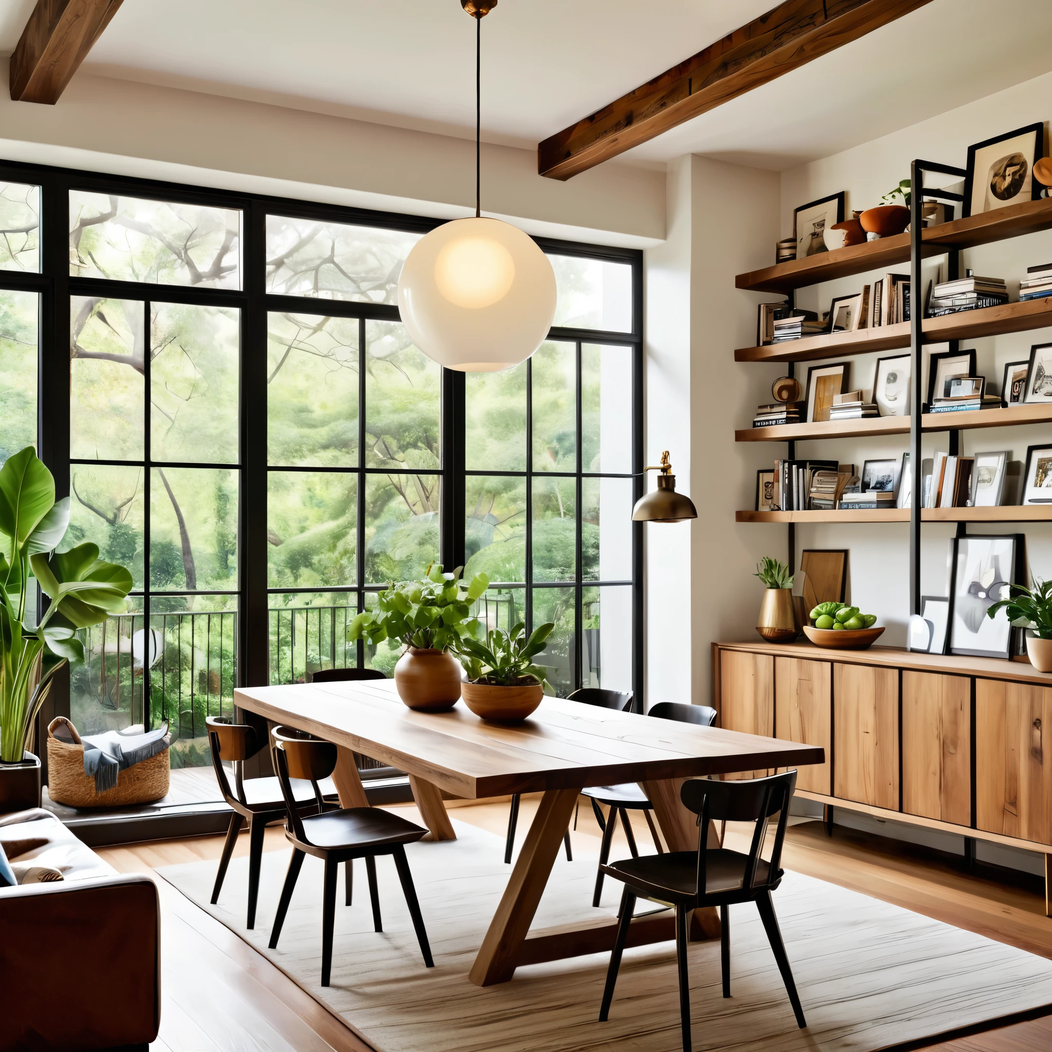 Create a charming dining room that combines contemporary and vintage elements. The space includes a wooden dining table surrounded by a mix of modern chairs and classic wooden chairs. Decorate the walls with an assortment of framed artworks and bookshelves showcasing books and decorative objects. A distinctive pendant light hangs above the table, casting a warm and inviting glow. Add potted plants on the table and around the room to infuse a sense of nature and freshness. The room should be illuminated by ample natural light, enhancing the cozy and eclectic vibe