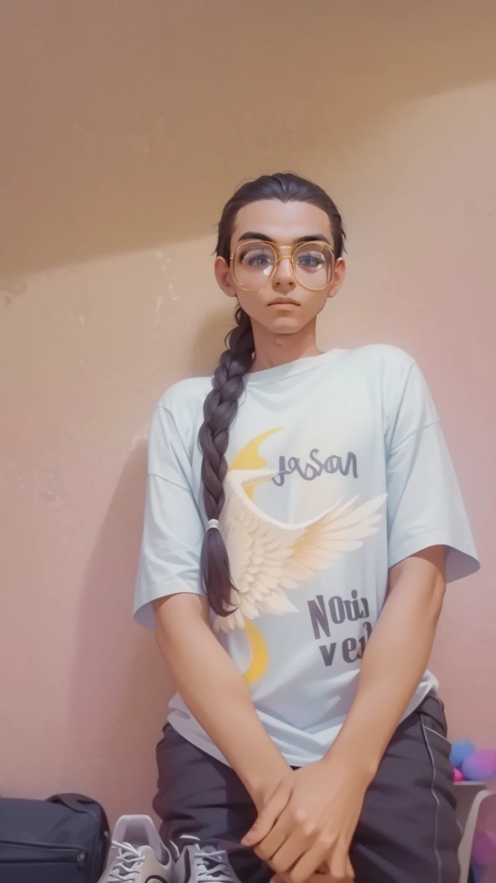 Create a 3D illusion for a profile picture where a 25 Year old cute boy in a white shirt Sitting casually on a Wingback Lamborghini. Wearing sneakers, glasses, he looks ahead. The background features “RAJAN” in big and capital Orange neon light fonts on the dark grey wall. There should not be his shadow, and there are wings to make it appear as if he is an angel