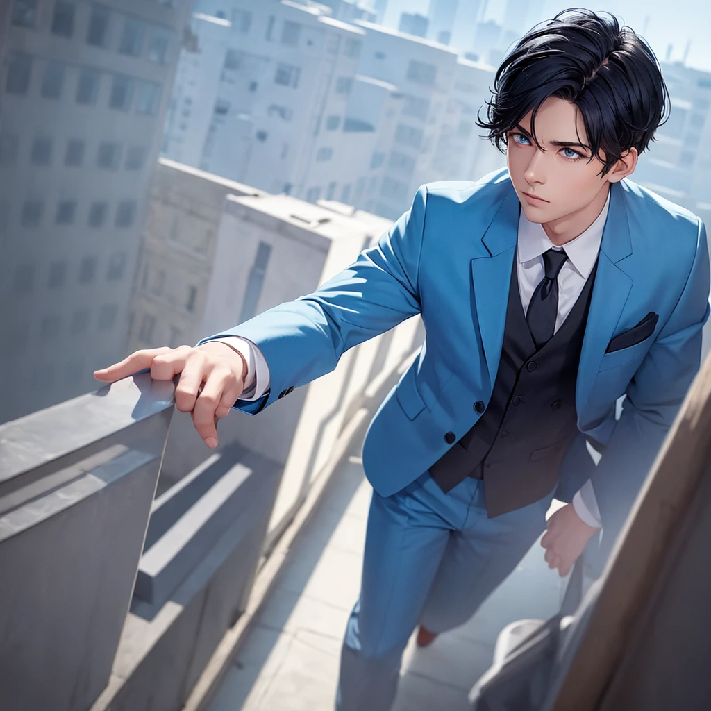 1boy, short black hair, light blue eyes, wearing all blue suits, on top of a building, high res, ultrasharp, 8k, masterpiece, looking at viewer from behind