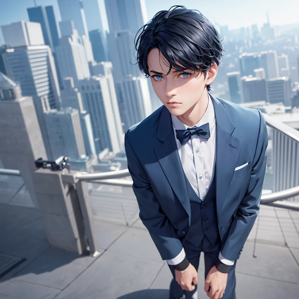 1boy, short black hair, light blue eyes, wearing all blue suits, on top of a building, high res, ultrasharp, 8k, masterpiece, looking at viewer from behind
