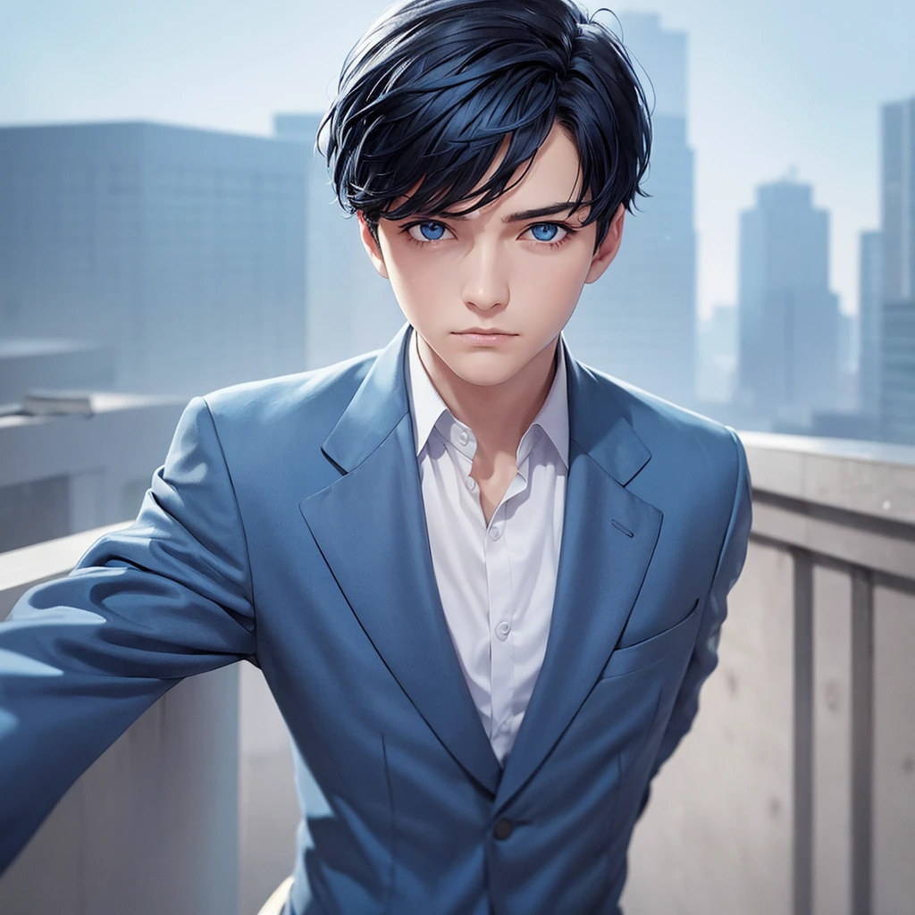 1boy, short black hair, light blue eyes, wearing all blue suits, on top of a building, high res, ultrasharp, 8k, masterpiece, looking at viewer from behind
