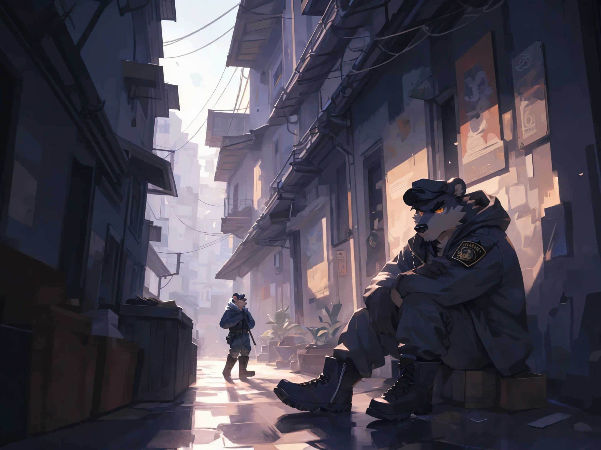 (masterpiece:1.2), best quality,pixiv,official art,perfect anatomy, (Ray tracing, light),solo, (1_male:1.3) , (muscle), (grey fur:1.4), (muscle bear), (beard:1.2), (gleaming golden eyes), bear tail, Thick black eyebrows, (open hooded parka) , (naked inside:1.2), cargo pants, (boots:1.2), (in the highfloor apartment: 1.3), iElusive Drug Lord, Chapo Guzman, Clad in Hoodie and Marlboro Hat, Wielding an Assault Rifle, Sitting atop a Saddle-Mounted Horse, Anime-inspired Render, Realistic Detailing, Expressive Eyes, Rough Textures, Shadowy Composition, Subdued Color Palette, (Outdoor Setting: 1.0), Smoke Curling from Weapon Barrel, (Dark Background: 0.9), Dramatic Lighting, (Chronically Wanted Criminal: 1.4), (Gritty and Intense: 1.1), (Determined)
