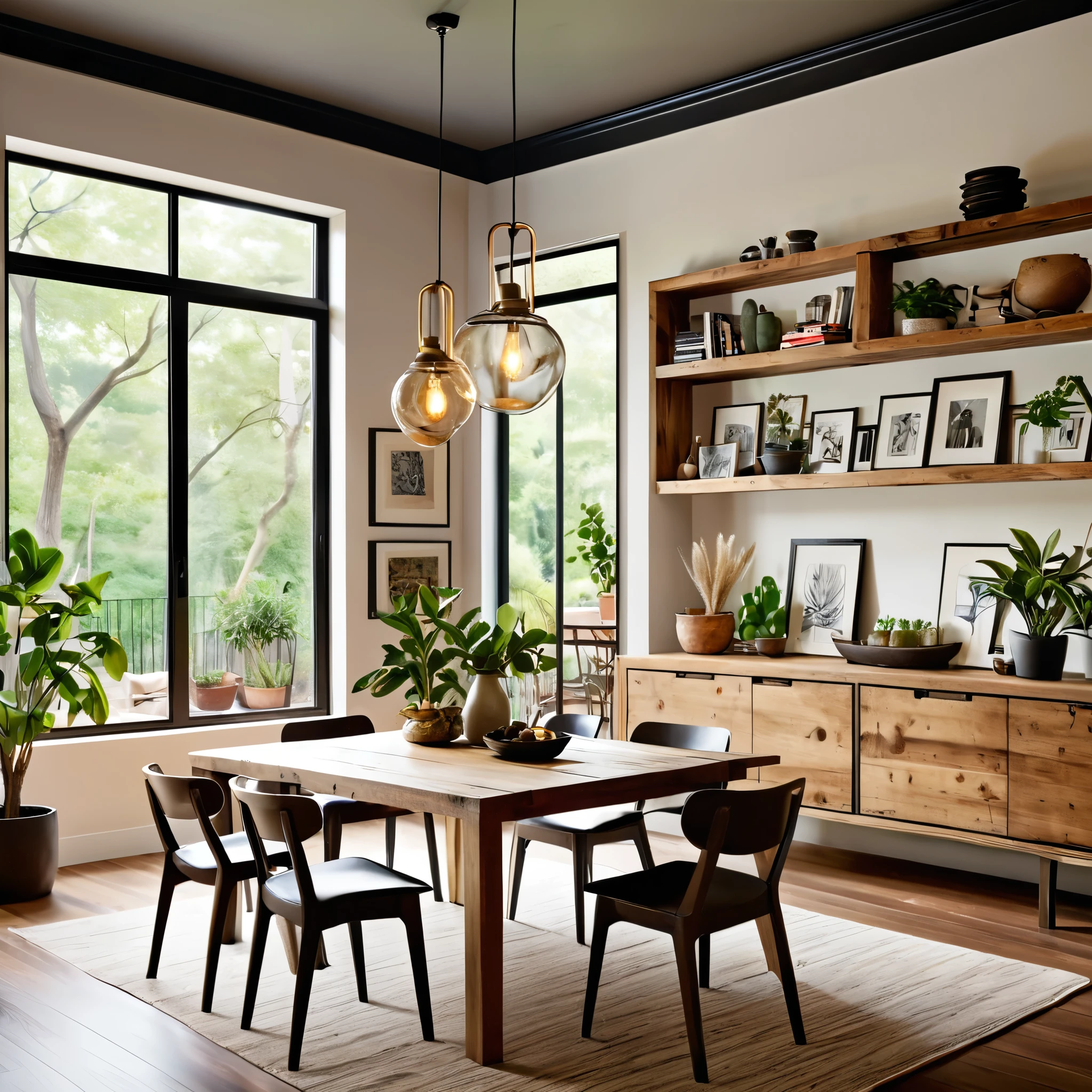 Design an inviting dining space that merges modern design with rustic charm. The dining area features a wooden table with a variety of seating options, including sleek modern chairs and rustic wooden chairs. The walls are decorated with a gallery of framed artworks and shelves filled with books and decorative items. Hang a unique pendant light above the table to provide ambient lighting. Incorporate potted plants on the table and throughout the room to add greenery and a natural touch. Ensure the room is well-lit with natural light to create a warm and welcoming atmosphere