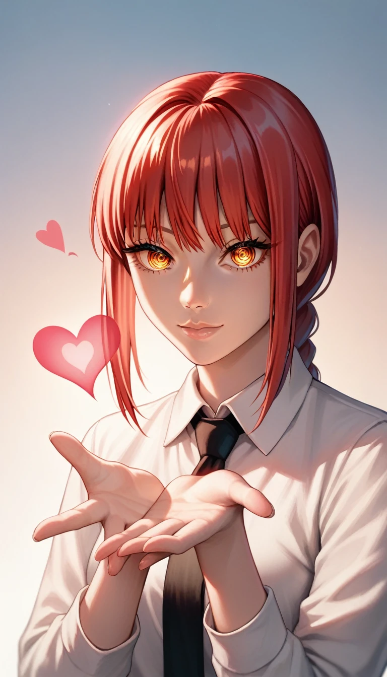 score_9, score_8_up, score_7_up, score_6_up, score_5_up, score_4_up, source_anime, rating_safe, 1girl, solo, makima \(chainsaw man\), detailed eyes, red hair, (blowing kiss, heart), better hands, perfect hands, detailed fingers, covered body: 1.1, joy expression, :o, lips together, closed mouth, cute expression, low lighting, cinematic lighting, night, sunset, (simple background)