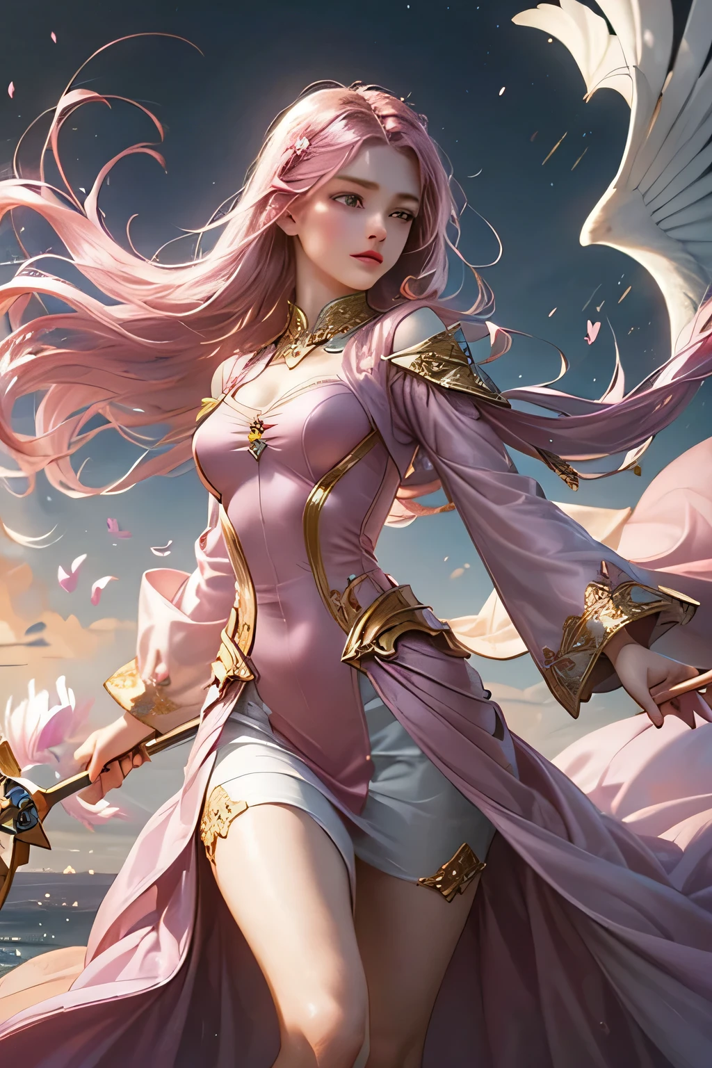 "Create an ultra-realistic image of a stunning 18-year-old girl holding an air magical staff that exudes the energy of the wind and sky. She should be dressed in a sophisticated, ((((((dark pink)))))) shaded outfit that contrasts beautifully with her airy element. Depict her surrounded by elements of air, such as swirling breezes, floating feathers, and gentle currents, to highlight her command over this element. Include a distinct air symbol on her body, signifying her role as the keeper of air and illustrating the powerful, ethereal energy of air she holds within her."