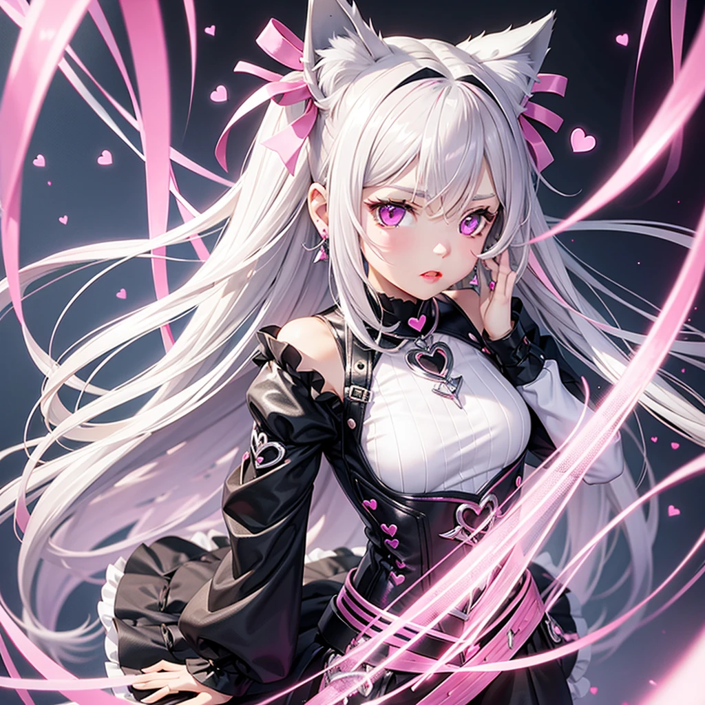 Silver hair, pink eyes, body, cat ears, girl, earrings, heart background fantasy, pink godly, hair bows