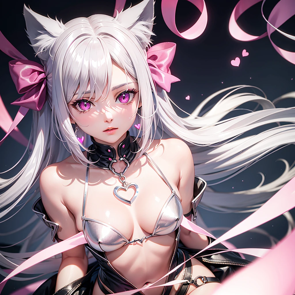 Silver hair, pink eyes, body, cat ears, girl, earrings, heart background fantasy, pink godly, hair bows