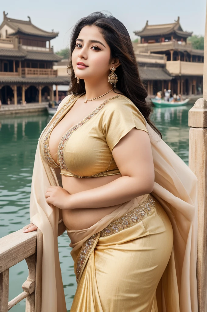 1 Heavenly beautiful and goddess beauty cute and sweet looking face Arabian female in front of Zhouzhuang Water Town- Suzhou, China, Heavenly beautiful Overweight, Heavenly beautiful Extremely fat, Heavenly beautiful and attractive Chubby figure , Heavenly beautiful looking and eye catching luxury style tight fitting Paithani Sarees , reaching out, Heavenly beautiful Arabian woman, 16k, High resolution, masterpiece, highest quality, fine skin, outside view, Realistic Photograph, size 45 and waist size 32, close up face view