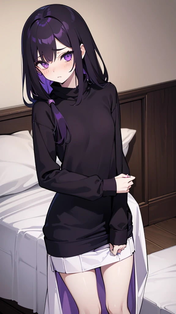 Teenage girl ((slim))((small stature)) ((White skin)) ((purple eyes)) ((black hair, long, emo on one eye)) ((Shy and blushing)) ((the plan)) ((small breasts)) ((small hips)) ((lying in bed with long, loose sweatshirt)) ((long skirt))