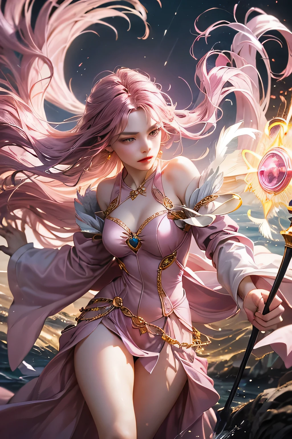 "Create an ultra-realistic image of a stunning 18-year-old girl holding an air magical staff that exudes the energy of the wind and sky. She should be dressed in a sophisticated, ((((((dark pink)))))) shaded outfit that contrasts beautifully with her airy element. Depict her surrounded by elements of air, such as swirling breezes, floating feathers, and gentle currents, to highlight her command over this element. Include a distinct air symbol on her body, signifying her role as the keeper of air and illustrating the powerful, ethereal energy of air she holds within her."