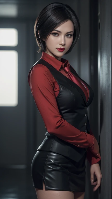 (disorganized, High resolution, Super detailed), masterpiece, Ada Wong (resident evil), ((alone)), short hair, 1 girl, スカートsuit, suit, スリーピースsuit, ブラック ピンストライプ suit, waistcoat, red shirt, red tie, bodycon skirt, mini skirt, closed mouth, Are standing, (((detailed lips))), ((realistic skin)), glowing skin, ((glossy red lips)), portrait, beautiful, smile, Normal skin