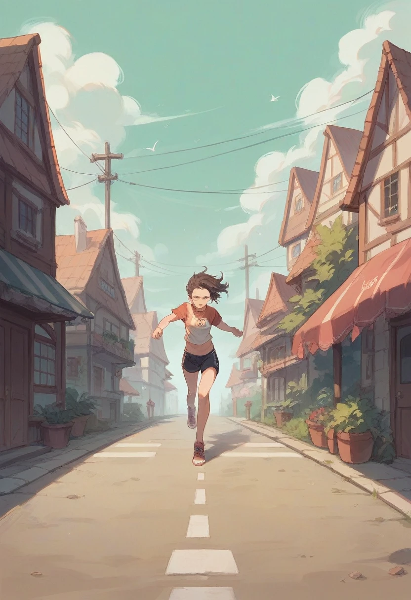 The female character running up an animated hill, symbolizing effort and determination.
