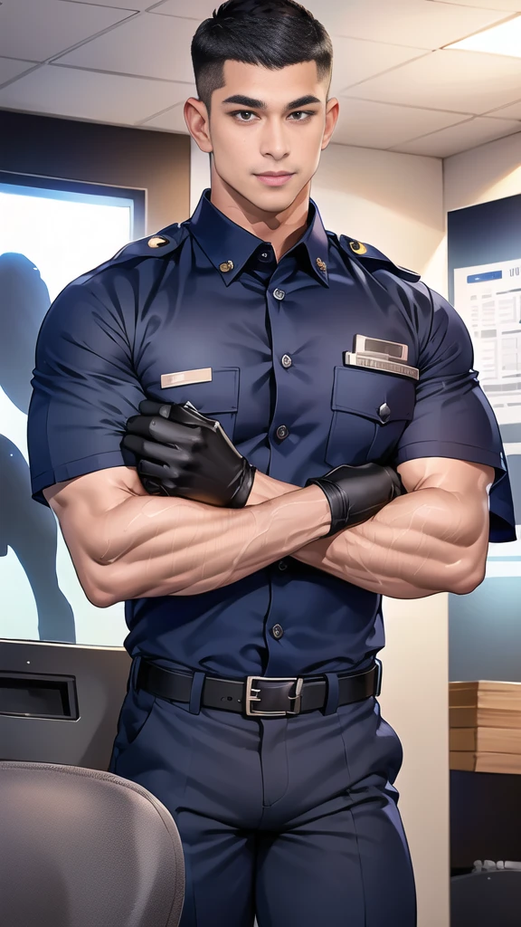 handsome man,(crew cut short hair:1.6),black eye,smile,open mouth,
(navy police uniform outsite :1.5),(shirt short sleeves:1.5),collar,(shirt covered over:1.2),(shirt no buttons:1.1),(black_gloves:1.3),
(Navy blue cargo:1.2),Korean guy,korean men,(High gloss details),(chest muscles:1.2),(large arm muscles:1.2),blood vessel,Big muscles,Broad shoulders,looking at the audience,Balancing the eyes
(in office:1.5),