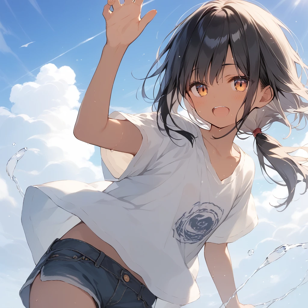 score_9, score_8_up, score_7_up, source_anime, best quality, masterpiece, official art, absurdres, highres, ultra-detailed,waifu2x,Collection: Slice of Life,break,1girl, tomboy, dark-skinned female, short hair, low ponytail, flat chest, beautiful detailed eyes, short shorts, sweat, open mouth, (yawn:0.3), sleepily, outdoors, wind, break,(clear line illustration:1.2),very high resolution, very aesthetic, super detailed skin, Best sexual lighting powered by famous artist, 8k,cute picture,beauty illustration,photoshop_(medium),,(Detailed Lighting),best anime 8k konachan wallpaper, pixiv contest winner,