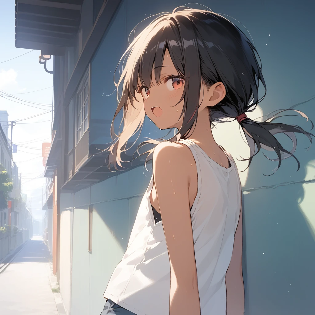 score_9, score_8_up, score_7_up, source_anime, best quality, masterpiece, official art, absurdres, highres, ultra-detailed,waifu2x,Collection: Slice of Life,break,1girl, tomboy, dark-skinned female, short hair, low ponytail, flat chest, beautiful detailed eyes, short shorts, sweat, open mouth, (yawn:0.3), sleepily, outdoors, wind, break,(clear line illustration:1.2),very high resolution, very aesthetic, super detailed skin, Best sexual lighting powered by famous artist, 8k,cute picture,beauty illustration,photoshop_(medium),,(Detailed Lighting),best anime 8k konachan wallpaper, pixiv contest winner,