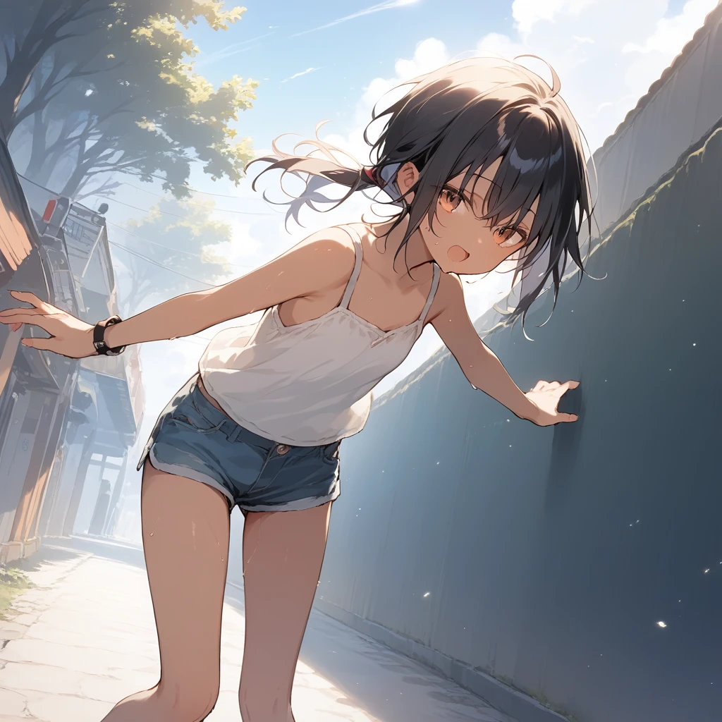 score_9, score_8_up, score_7_up, source_anime, best quality, masterpiece, official art, absurdres, highres, ultra-detailed,waifu2x,Collection: Slice of Life,break,1girl, tomboy, dark-skinned female, short hair, low ponytail, flat chest, beautiful detailed eyes, short shorts, sweat, open mouth, (yawn:0.3), sleepily, outdoors, wind, break,(clear line illustration:1.2),very high resolution, very aesthetic, super detailed skin, Best sexual lighting powered by famous artist, 8k,cute picture,beauty illustration,photoshop_(medium),,(Detailed Lighting),best anime 8k konachan wallpaper, pixiv contest winner, 