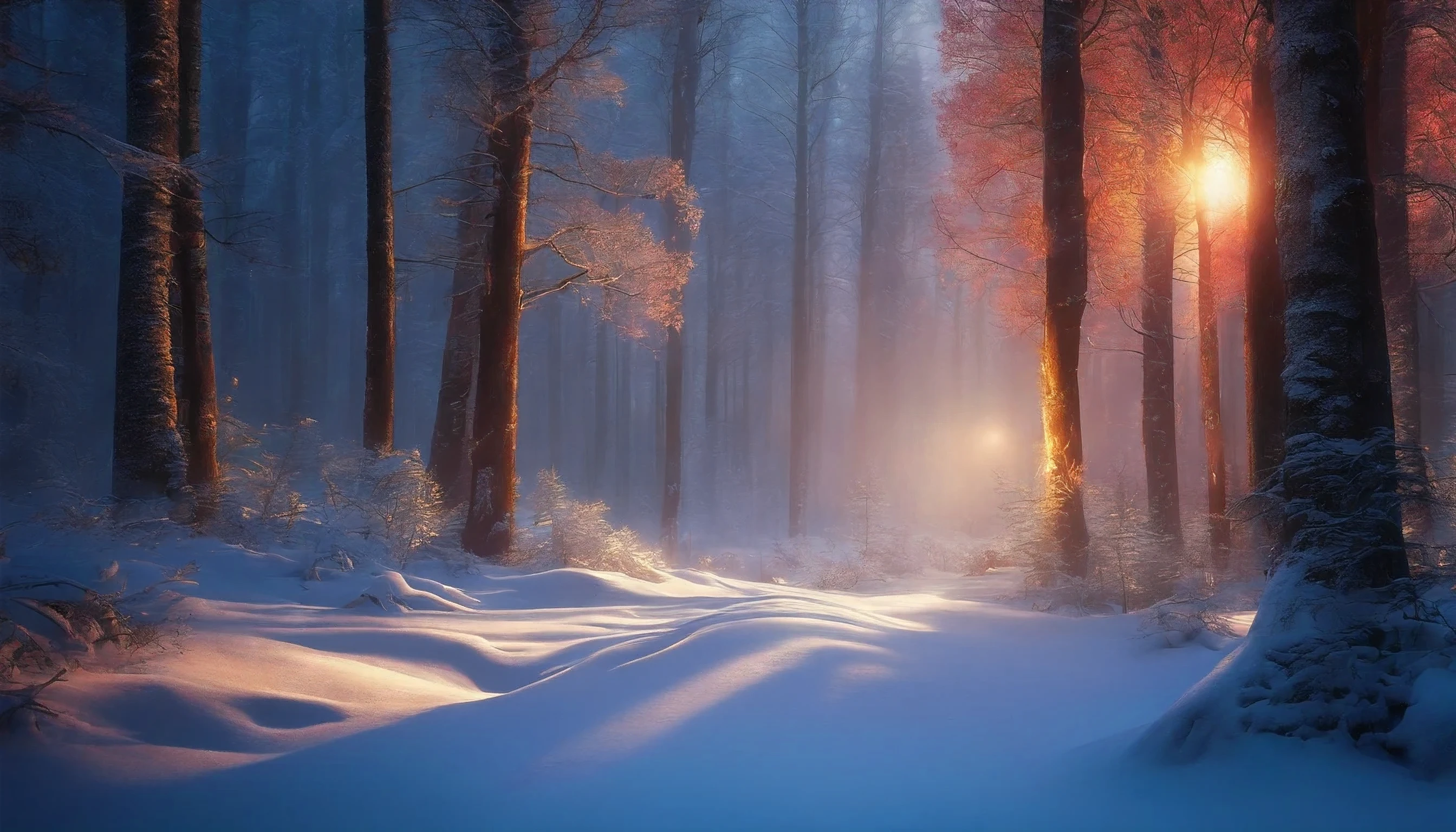 Snowy Forest with Many Light Torch in a Fantasy world