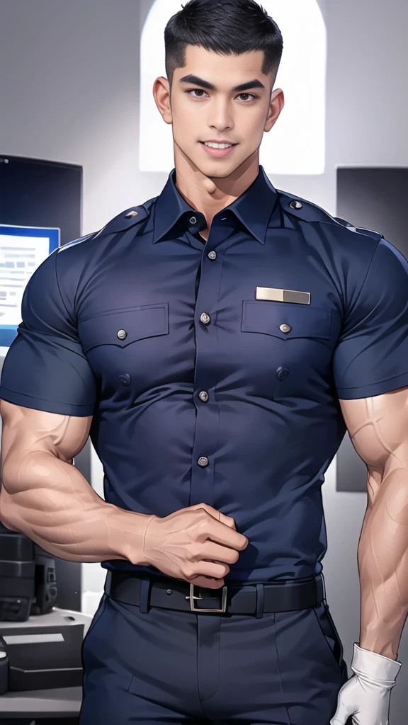 handsome man,(crew cut short hair:1.6),black eye,smile,open mouth,
(navy police uniform outsite :1.5),(shirt short sleeves:1.5),collar,(shirt covered over:1.2),(shirt no ons:1.1),(black_gloves:1.3),
(Navy blue cargo:1.2),Korean guy,korean men,(High gloss details),(chest muscles:1.2),(large arm muscles:1.2),blood vessel,Big muscles,Broad shoulders,looking at the audience,Balancing the eyes
(in office:1.5),