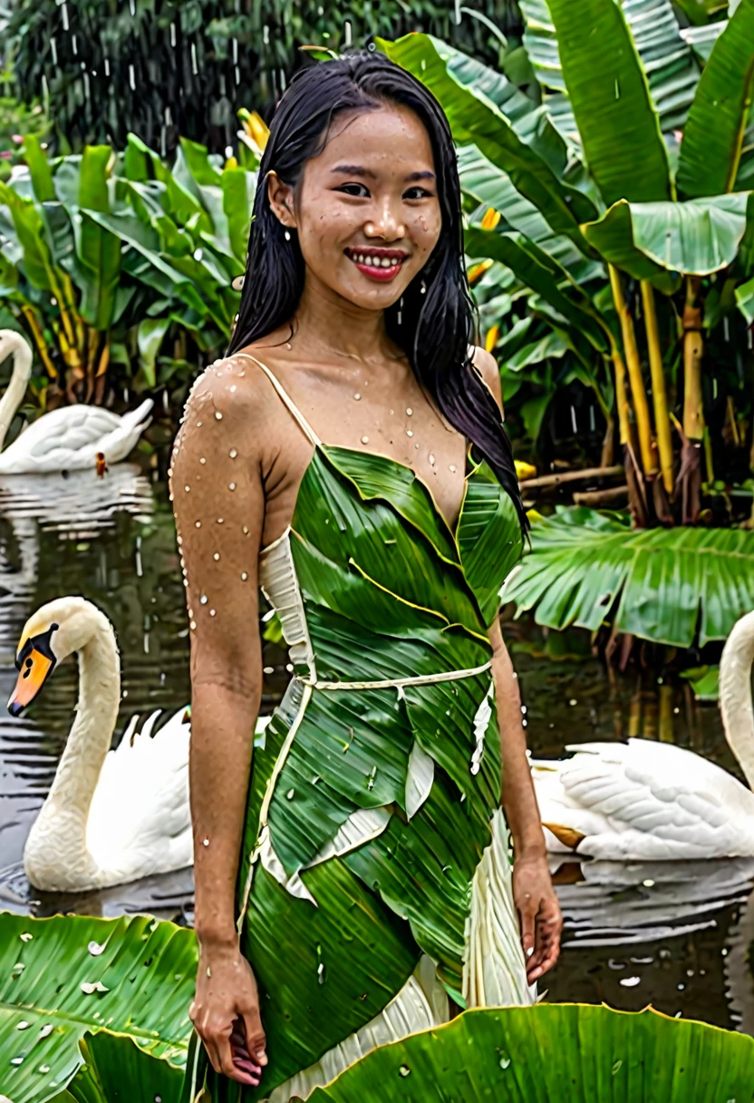 A beautiful 25 year old woman from Indonesia, with long flowing black hair, clean and shining white skin, wearing a banana leaf dress, covered in raindrops while smiling affectionately, in the background is a flower garden with a lake, there are several swans inside the lake, hyper realistic, highly detailed, 16 k, wide viewing angle, ultra HD, photography