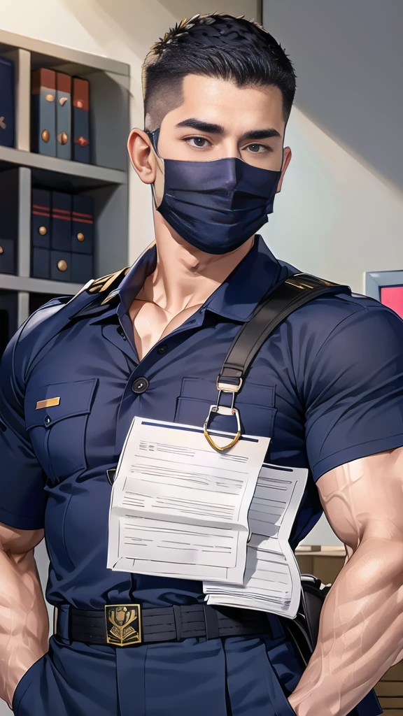 handsome man,(crew cut short hair:1.6),black eye,smile,open mouth,
(navy police uniform outsite :1.5),(shirt short sleeves:1.5),(black_gloves:1.3),
(Navy blue cargo:1.2),Korean guy,korean men,(High gloss details),(chest muscles:1.2),(large arm muscles:1.2),blood vessel,Big muscles,Broad shoulders,looking at the audience,Balancing the eyes,(backpack:1.3)
(in office:1.5) ,(navy Cotton Mask:1.3)