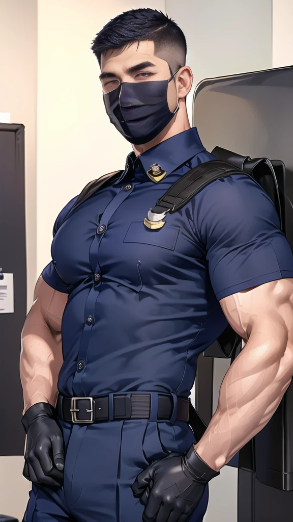 handsome man,(crew cut short hair:1.6),black eye,smile,open mouth,
(navy police uniform outsite :1.5),(shirt short sleeves:1.5),(black_gloves:1.3),
(Navy blue cargo:1.2),Korean guy,korean men,(High gloss details),(chest muscles:1.2),(large arm muscles:1.2),blood vessel,Big muscles,Broad shoulders,looking at the audience,Balancing the eyes,(backpack:1.3)
(in office:1.5) ,(navy Cotton Mask:1.3)