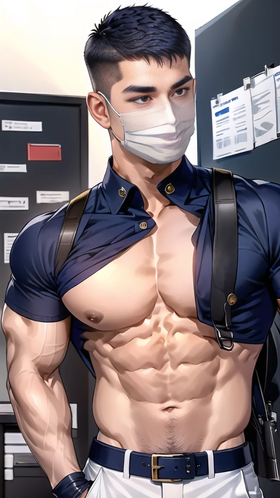 handsome man,(crew cut short hair:1.6),black eye,smile,open mouth,
(navy police uniform outsite :1.5),(shirt short sleeves:1.5),(black_gloves:1.3),
(Navy blue cargo:1.2),Korean guy,korean men,(High gloss details),(chest muscles:1.2),(large arm muscles:1.2),blood vessel,Big muscles,Broad shoulders,looking at the audience,Balancing the eyes,(backpack:1.3)
(in office:1.5) ,(navy Cotton Mask:1.3)