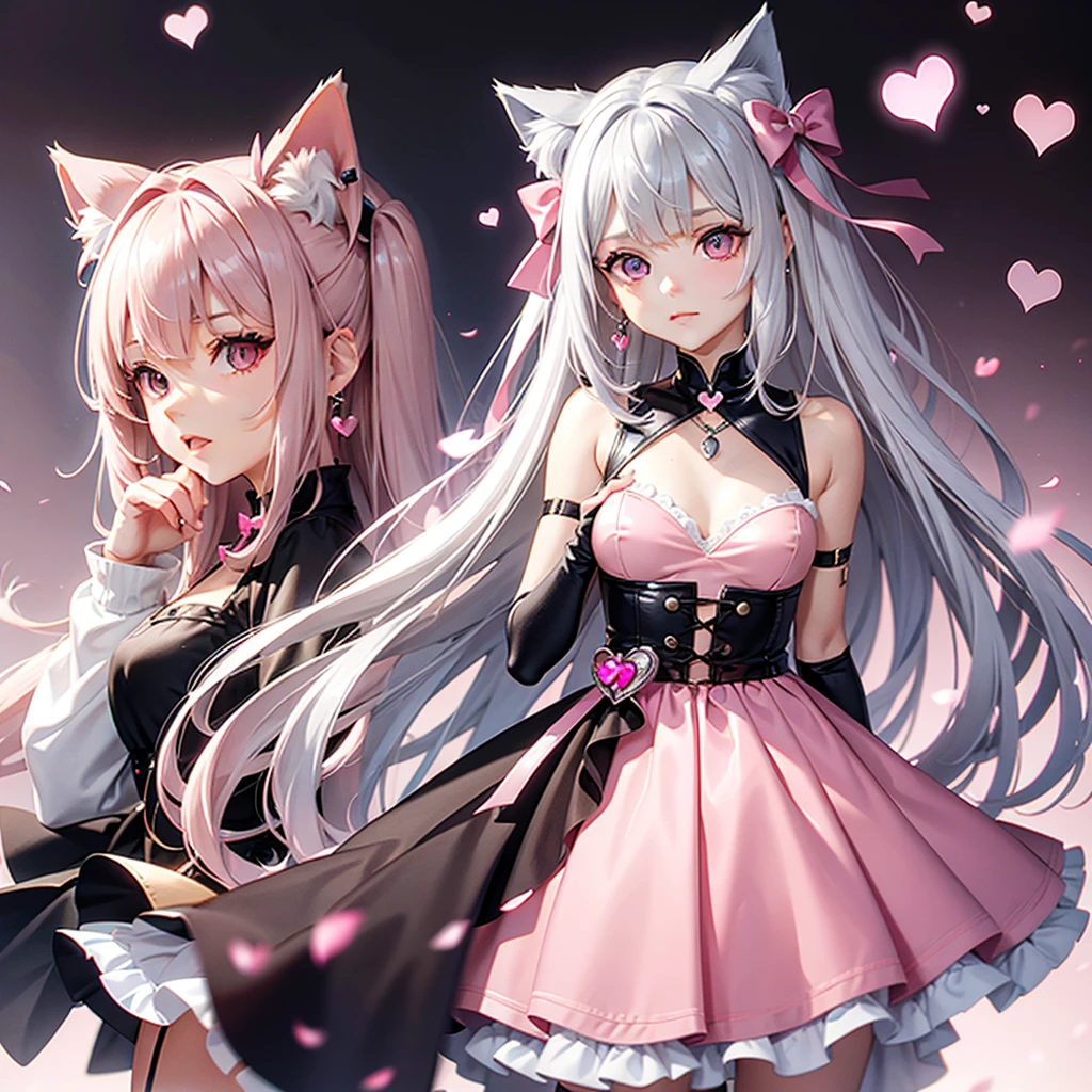 Silver hair, pink brown eyes, body, cat ears, girl, earrings, heart background fantasy, pink godly, hair bows