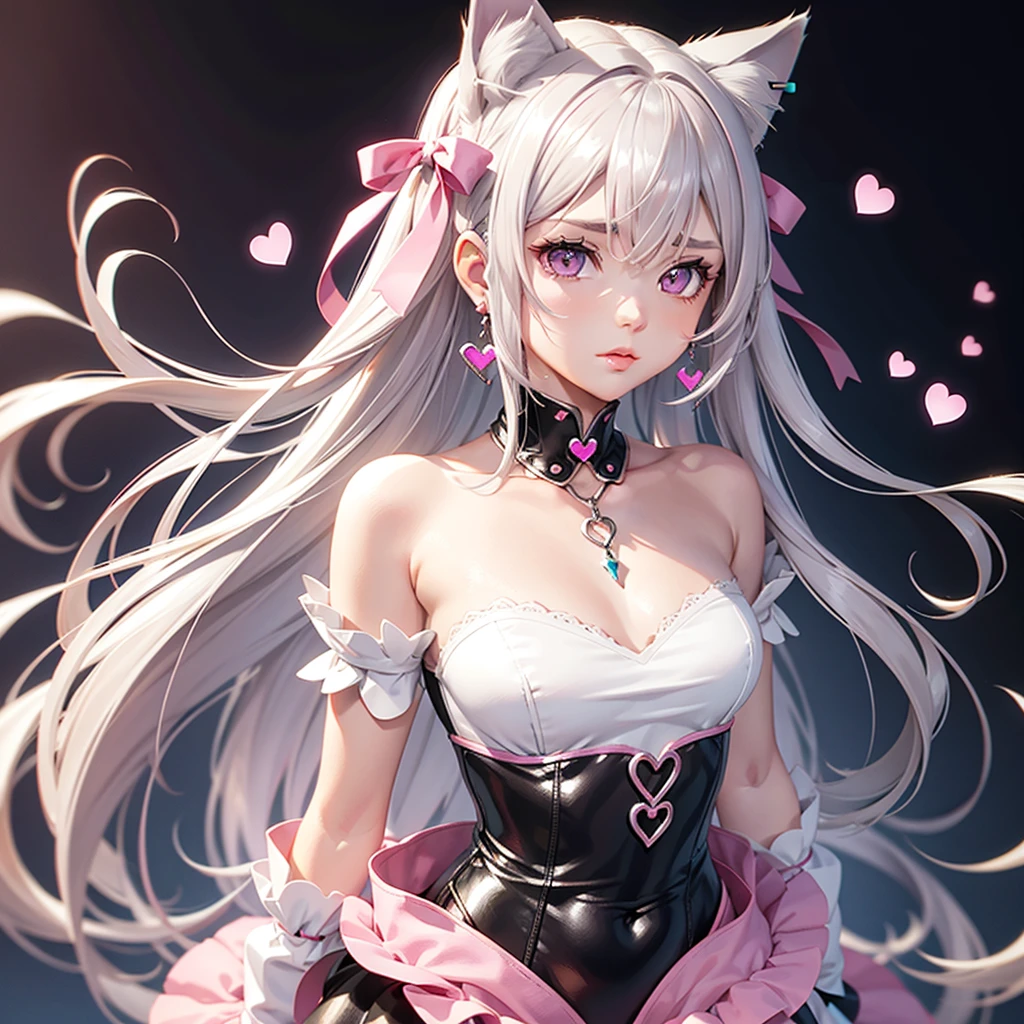 Silver hair, pink brown eyes, body, cat ears, girl, earrings, heart background fantasy, pink godly, hair bows