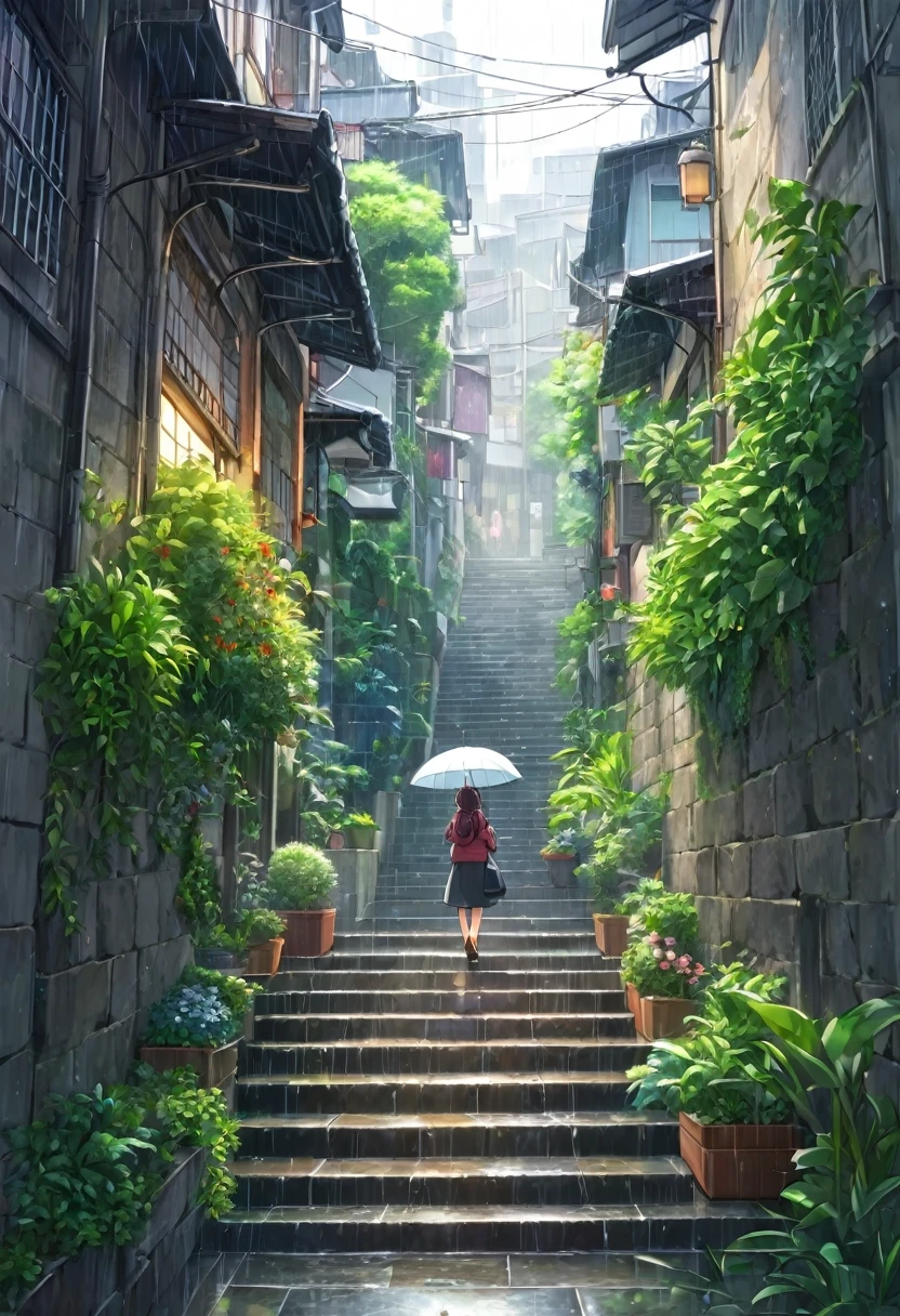 HD anime cityscape with narrow alleys with many plants(stone staircase going up)Cartoon scenery rainy day little girl(Back view standing foreground close-up)Holding umbrella and walking up stone stairs anime style cityscape, Colorful anime background anime art delicate art realistic super detailed digital art style
