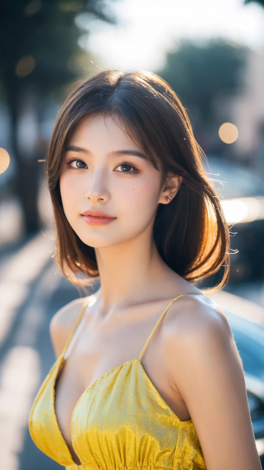 ((Best quality, 8K, masterpiece:1.3)),1girl,18 years old,Asian,Real texture:1.3,(Background blur:1.1),Gorgeous long dress,Tall and slender figure:1.2,(Hot summer weather),(street:1.3),Highly detailed face and skin textures,Exquisite eyes,Long eyelashes,Double eyelids,Skin Whitening,happy,Various postures,Big breasts