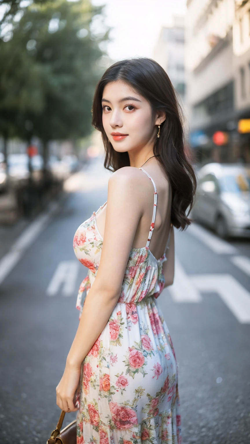 ((Best quality, 8K, masterpiece:1.3)),1girl,18 years old,Asian,Real texture:1.3,(Background blur:1.1),Gorgeous long dress,Tall and slender figure:1.2,(Hot summer weather),(street:1.3),Highly detailed face and skin textures,Exquisite eyes,Long eyelashes,Double eyelids,Skin Whitening,happy,Various postures,Big breasts