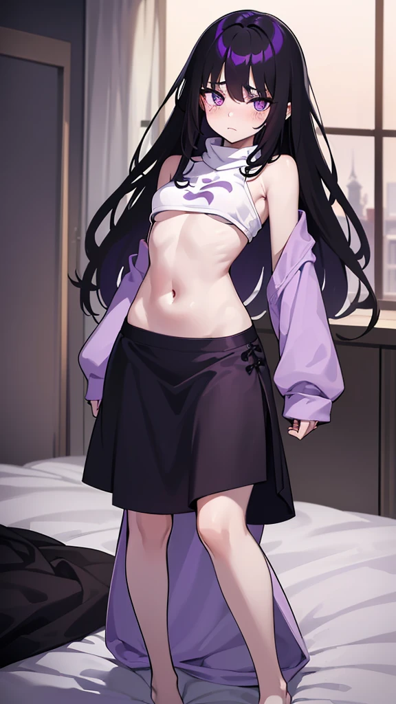 Teenage girl ((slim))((small stature)) ((White skin)) ((purple eyes)) ((black hair, long, emo on one eye)) ((Shy and blushing)) ((the plan)) ((small breasts)) ((small hips)) ((lying in bed with long, loose sweatshirt)) ((long skirt))