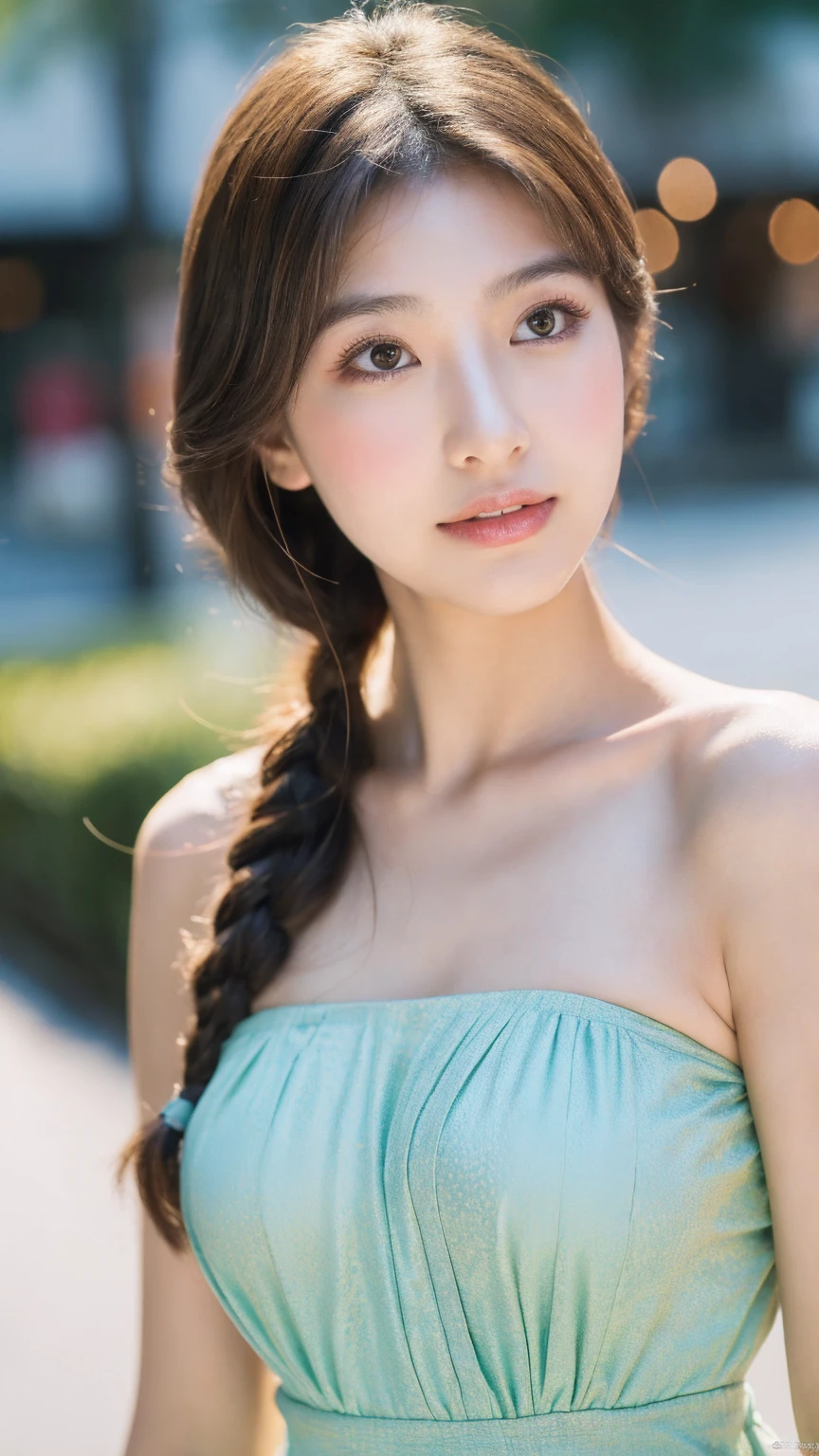 ((Best quality, 8K, masterpiece:1.3)),1girl,18 years old,Asian,Real texture:1.3,(Background blur:1.1),Gorgeous long dress,Tall and slender figure:1.2,(Hot summer weather),(street:1.3),Highly detailed face and skin textures,Exquisite eyes,Long eyelashes,Double eyelids,Skin Whitening,happy,Various postures,Big breasts