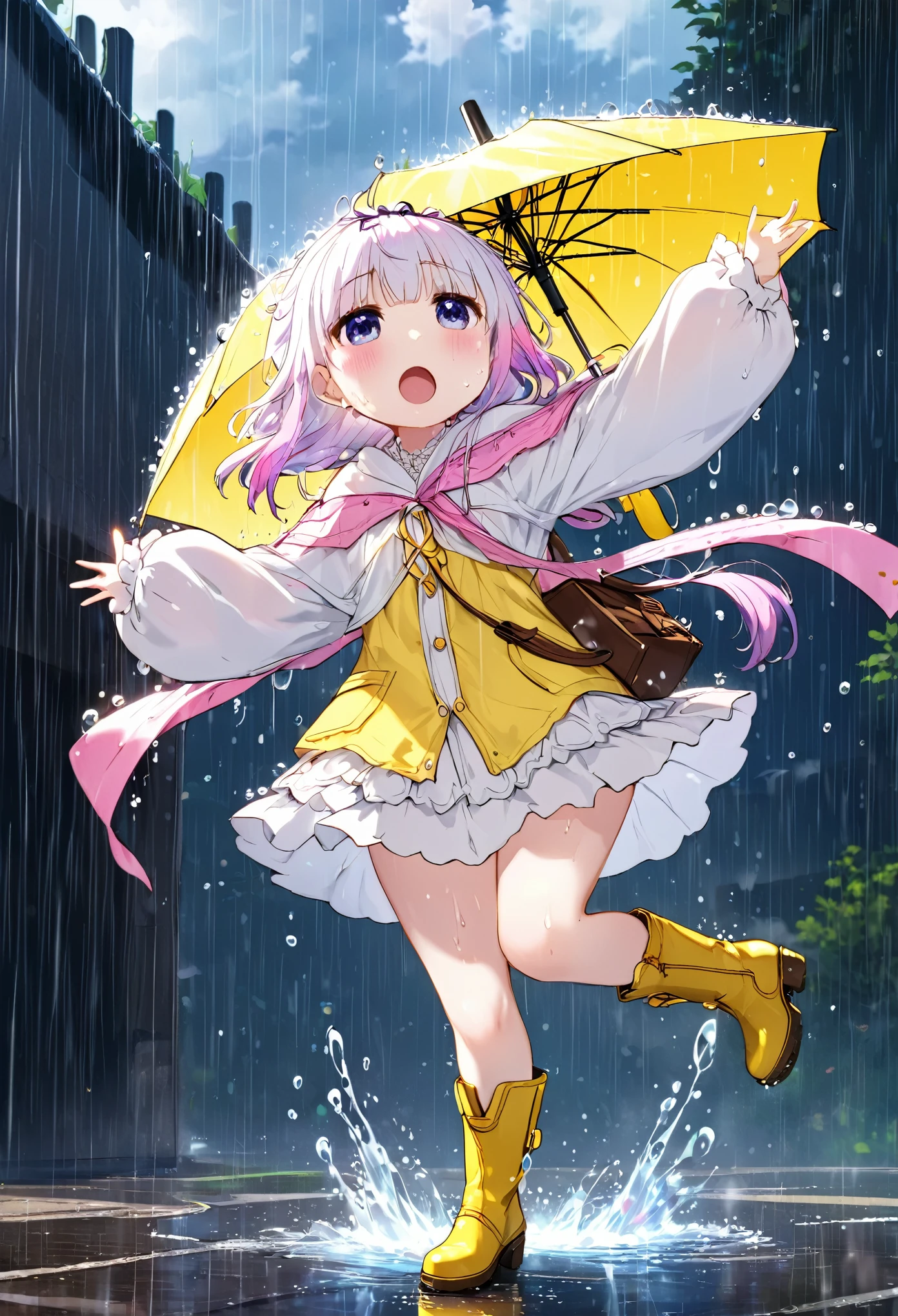 singing "rain rain ra~in guerri guerrilla~♪", best quality, super fine, 16k, incredibly absurdres, extremely detailed, 2.5D, extremely detailed, delicate and dynamic depiction, Kanna Kamui skips happily in the rain, yellow umbrella, yellow boots, Iridescent rain pouring down, water splashing, sunlight spilling through the gaps in the clouds, sparkling effects, dancing notes