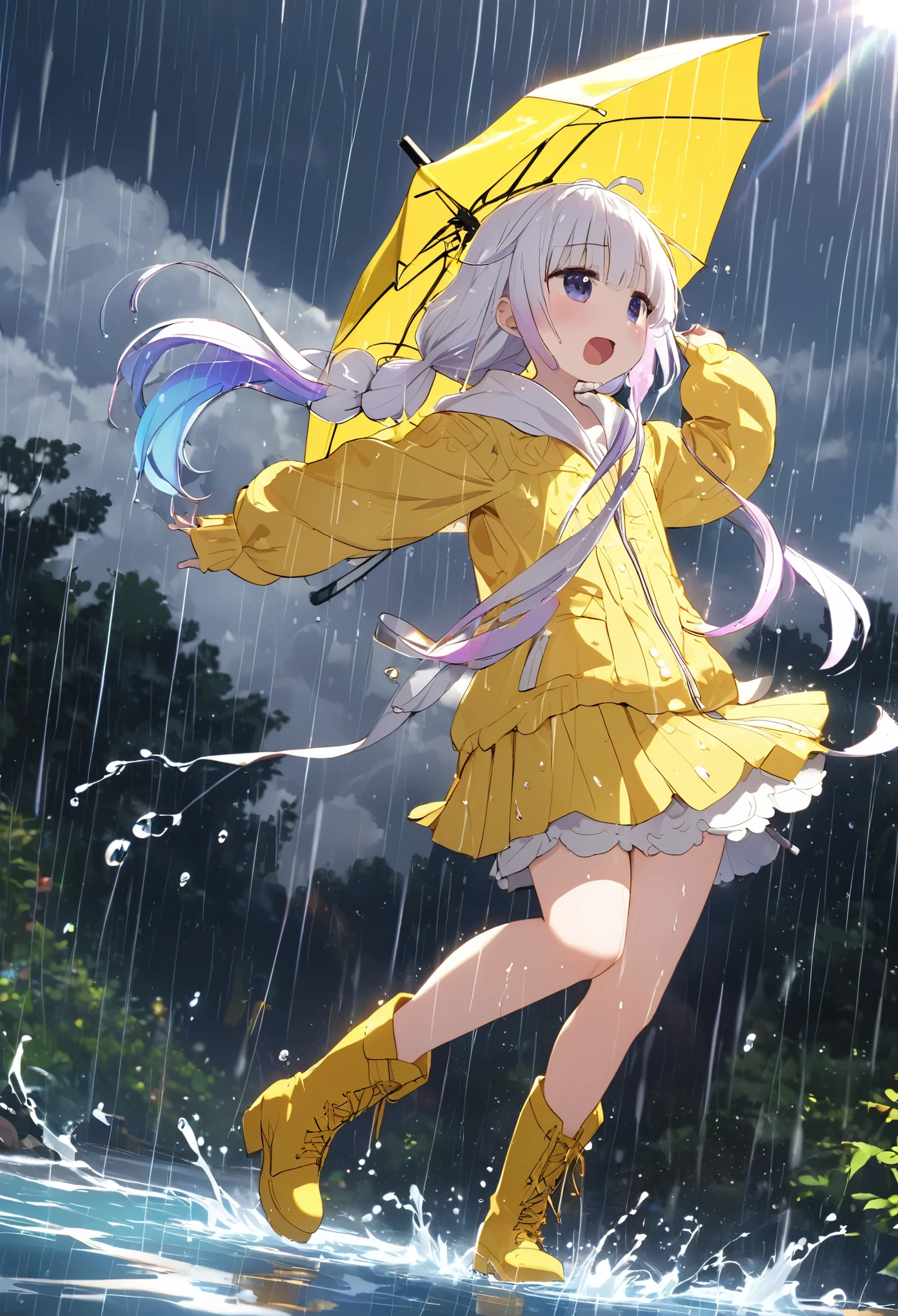 singing "rain rain ra~in guerri guerrilla~♪", best quality, super fine, 16k, incredibly absurdres, extremely detailed, 2.5D, extremely detailed, delicate and dynamic depiction, Kanna Kamui skips happily in the rain, yellow umbrella, yellow boots, Iridescent rain pouring down, water splashing, sunlight spilling through the gaps in the clouds, sparkling effects, dancing notes