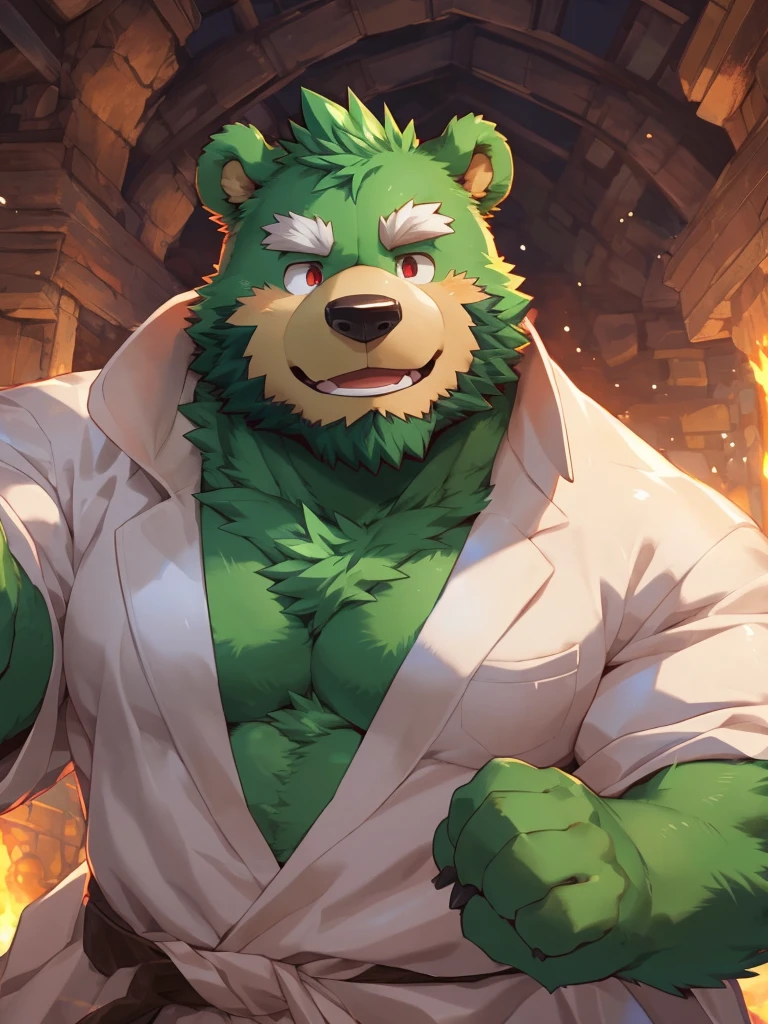 anthro, kemono, male, solo, ((round face, very plump face, thick beard)), ((endomorph body type, old-aged)), (adventure costume), ((green bear, bear) fluffy fur, fluffy), (at old ruin, dungeons), bokeh, (high quality, highres, masterpiece), (dynamic lighting, vivid color), (generous smile), (face focus), front view (close up), cartoon, (((green bear))), (((green fur))), green hair, beard, white eyebrows, bald, detailed red eyes, tall, Joyful, (black t-shirt inside), (((white unhooded trench coat ))), by zixiong, by takemoto arashi, by zixiong, (by null-ghost:0.8), (by t.y.stars:0.4)