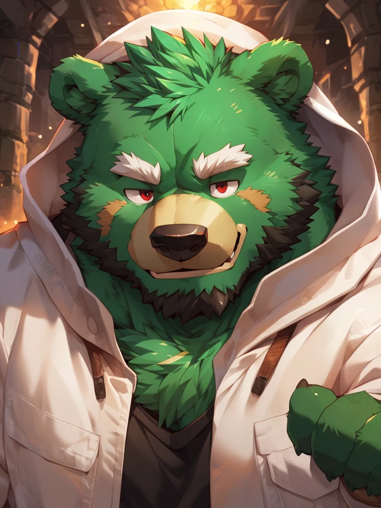 anthro, kemono, male, solo, ((round face, very plump face, thick beard)), ((endomorph body type, old-aged)), (adventure costume), ((green bear, bear) fluffy fur, fluffy), (at old ruin, dungeons), bokeh, (high quality, highres, masterpiece), (dynamic lighting, vivid color), (generous smile), (face focus), front view (close up), cartoon, (((green bear))), (((green fur))), green hair, beard, white eyebrows, bald, detailed red eyes, tall, Joyful, (black t-shirt inside), (((white unhooded trench coat ))), by zixiong, by takemoto arashi, by zixiong, (by null-ghost:0.8), (by t.y.stars:0.4)