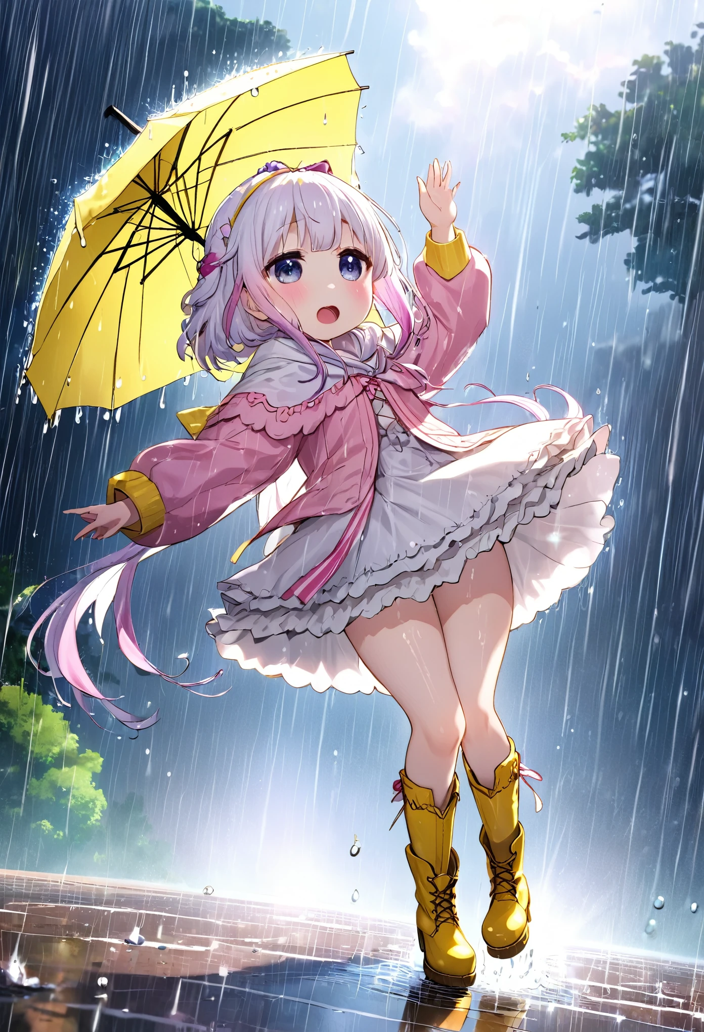 singing "rain rain ra~in guerri guerrilla~♪", best quality, super fine, 16k, incredibly absurdres, extremely detailed, 2.5D, extremely detailed, delicate and dynamic depiction, Kanna Kamui skips happily in the rain, yellow umbrella, yellow boots, Iridescent rain pouring down, water splashing, sunlight spilling through the gaps in the clouds, sparkling effects, dancing notes