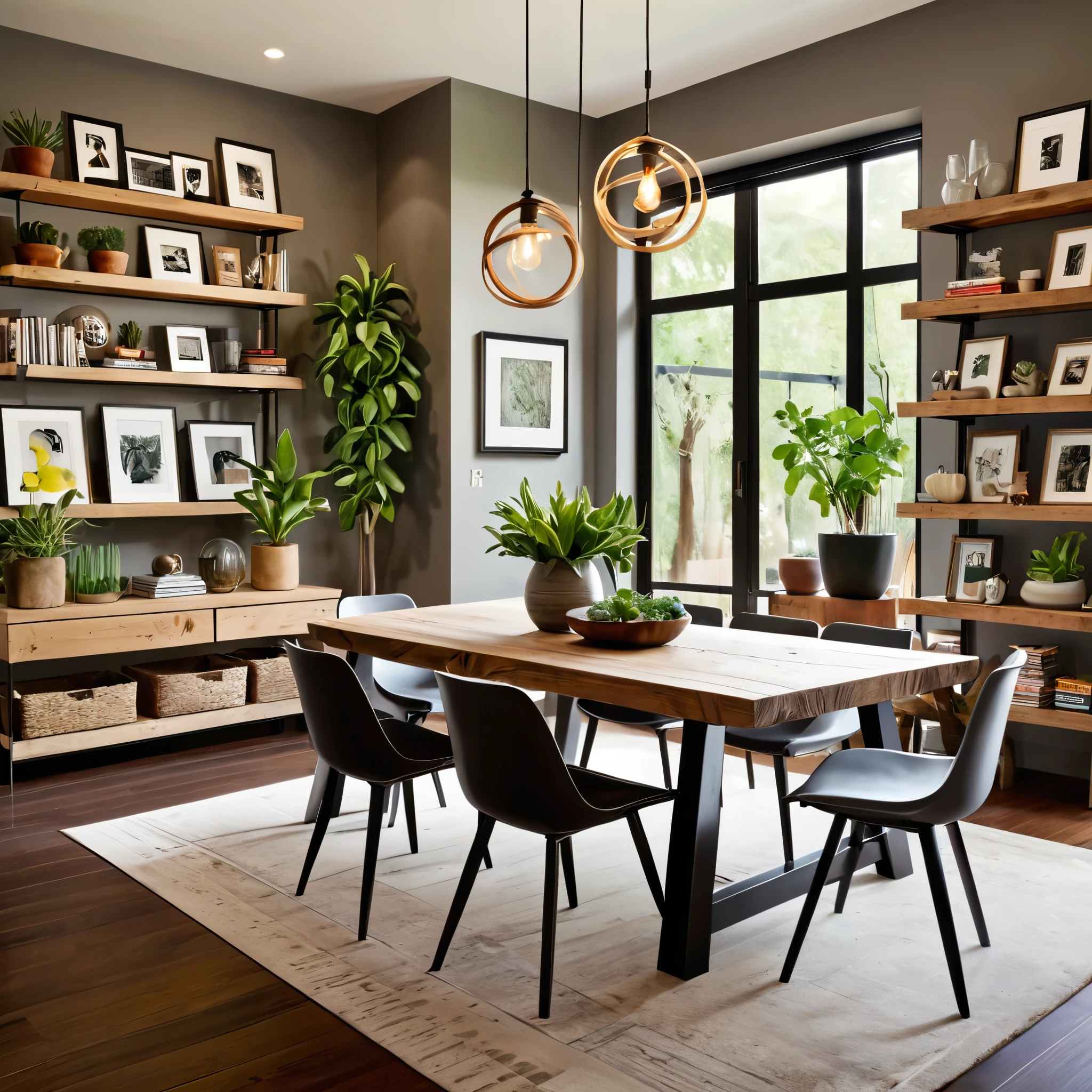 Design an inviting dining space that merges modern design with rustic charm. The dining area features a wooden table with a variety of seating options, including sleek modern chairs and rustic wooden chairs. The walls are decorated with a gallery of framed artworks and shelves filled with books and decorative items. Hang a unique pendant light above the table to provide ambient lighting. Incorporate potted plants on the table and throughout the room to add greenery and a natural touch. Ensure the room is well-lit with natural light to create a warm and welcoming atmosphere