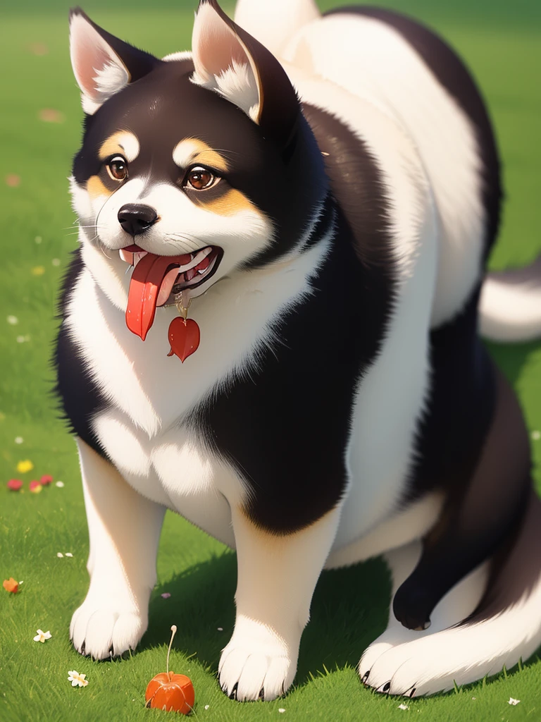 Highest Resolution,Highest quality,Shiba Inu,可愛いShiba Inu,Fluffy,Eating bait,smile,Drooling,Dripping saliva,Overflowing dripping,Iyashiba dog,garden,doghouse,grass,