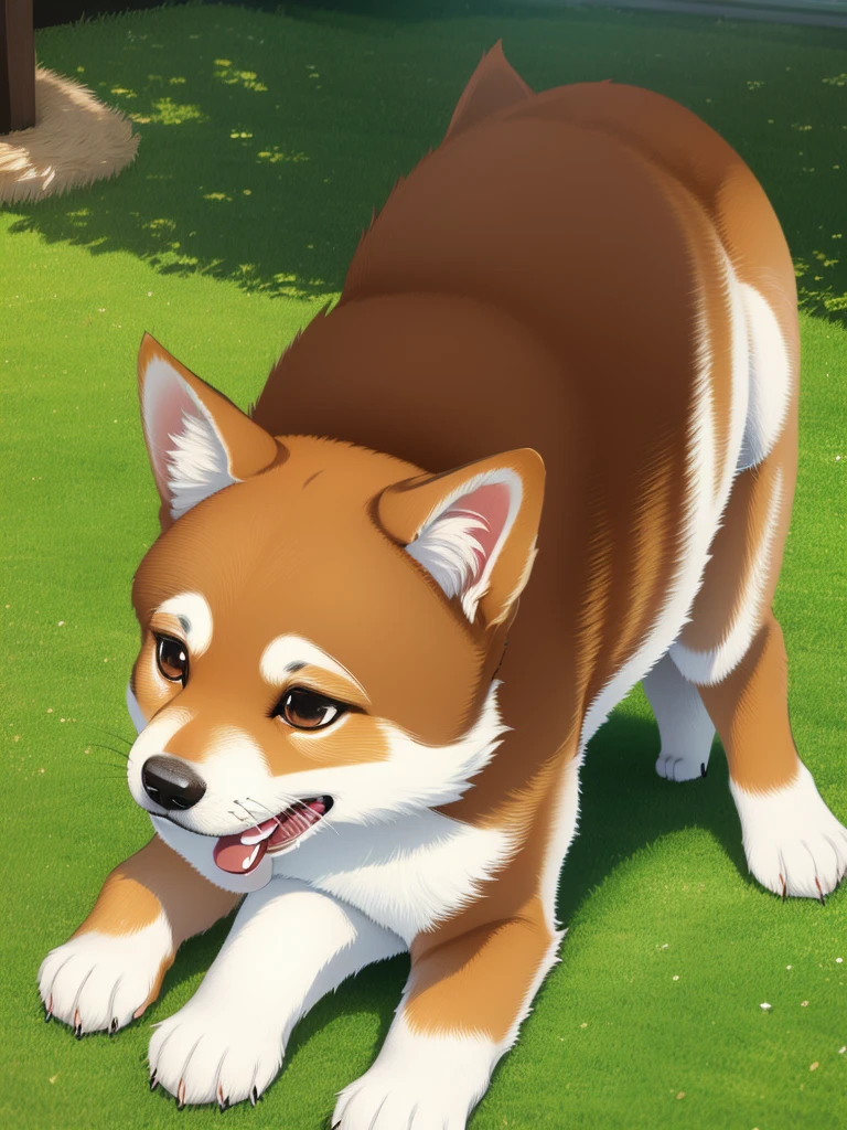 Highest Resolution,Highest quality,Shiba Inu,可愛いShiba Inu,Fluffy,Eating bait,smile,Drooling,Dripping saliva,Overflowing dripping,Iyashiba dog,garden,doghouse,grass,