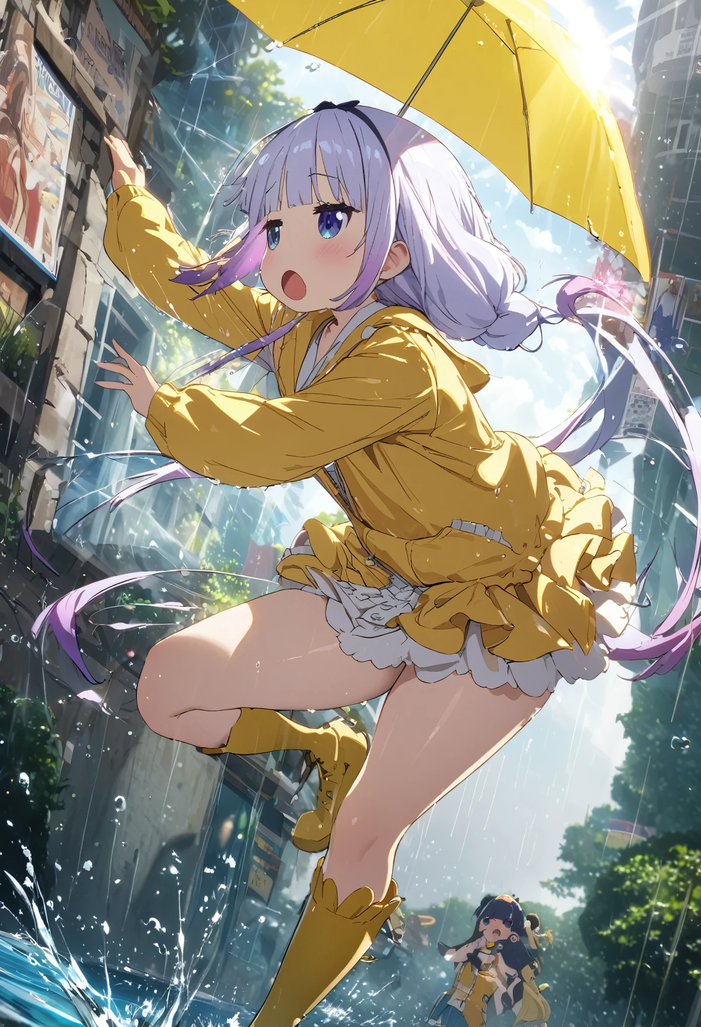 singing "rain rain ra~in guerri guerrilla~♪", best quality, super fine, 16k, incredibly absurdres, extremely detailed, 2.5D, extremely detailed, delicate and dynamic depiction, Kanna Kamui skips happily in the rain, yellow umbrella, yellow boots, Iridescent rain pouring down, water splashing, sunlight spilling through the gaps in the clouds, sparkling effects, dancing notes