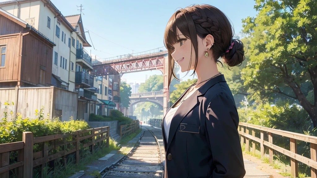 1 female、Walking along the abandoned railway line、Mountain、tunnel、Railway bridge、Fresh greenery(Highest quality:1.2),Highest quality、masterpiece、High resolution)、、((Right beside、Woman profile、))、(Detailed depiction of a beautiful face)、Suit jacket、A kind smile、Medium Short Hair、Brown Hair、Braiding、、 information(Highest quality:1.2)、Very detailed、High resolution、masterpiece:1,2、Bright colors、Bokeh、Professional Lighting、Physically Based Rendering、Flat Color:0.8、Fine Illustration、Realistic:1.37、Makoto Shinkai style、Name Style、Light Brown Hair、Elegant update、Short Bob、Young woman、Laugh together、Dynamic poselip、cheek(Dark Brown Hair/)bangs、cheek(direction)、(最高masterpiece1.2)繊細なイラストVery detailed、Break Blue Sky、Detailed Background、、、A shy smile、Through clenched teeth、Clench your teeth、lip、cheek(Flat Color: 0.8)、(masterpiece: 1,2)、(masterpiece: 1,2)、High resolution、超High resolution、Highest quality、High resolution、Ultra-thin illustration、Makoto Shinkai style、Your Name is Style、long hair、Short Bob、necklace、Earrings、Dynamic pose、Selfie、whole body、Brown Hair、Braiding、Hair Bun、ponytail・Hair Bunスタイル、necklace、Valletta、ribbon、Earrings・アニキュア,