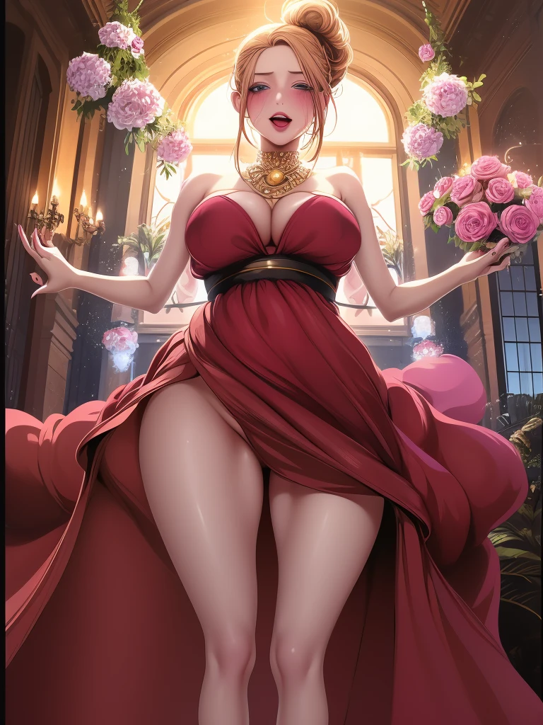 An extremely, insanely beautiful stunning gorgeous pretty cute sexy busty mother with a gorgeous beautiful face, extremely bright snow white fair stunning flawless lush shiny white skin, and complexion, gold blonde hair tied in a cute pony hairstyle with hair ornament, flowers and red ribbon hanging on hair bun, age 18, oceanic stunning shiny big shiny blue eyes, bright pink cheek blushes, brown-black eyelashes, pink puffy lips, pink nails, goddess-like extremely cute sweet smile, face full of life, wearing a gold necklace, feet anklets, wearing a sexy short loose revealing thin-soft bright red floral thread robe-like-dress, front open lower back hanging yellow sweater, yellow shiny heels, gold bangles, looking at the viewer, standing straight, insanely tight skinny perfect X hourglass figure, round wide perfect hips, perfect bouncy round breasts, perfect round plump ass poking out of her dress, holding a pink purse, a big market store in the background, day time, show full body from head to feet.