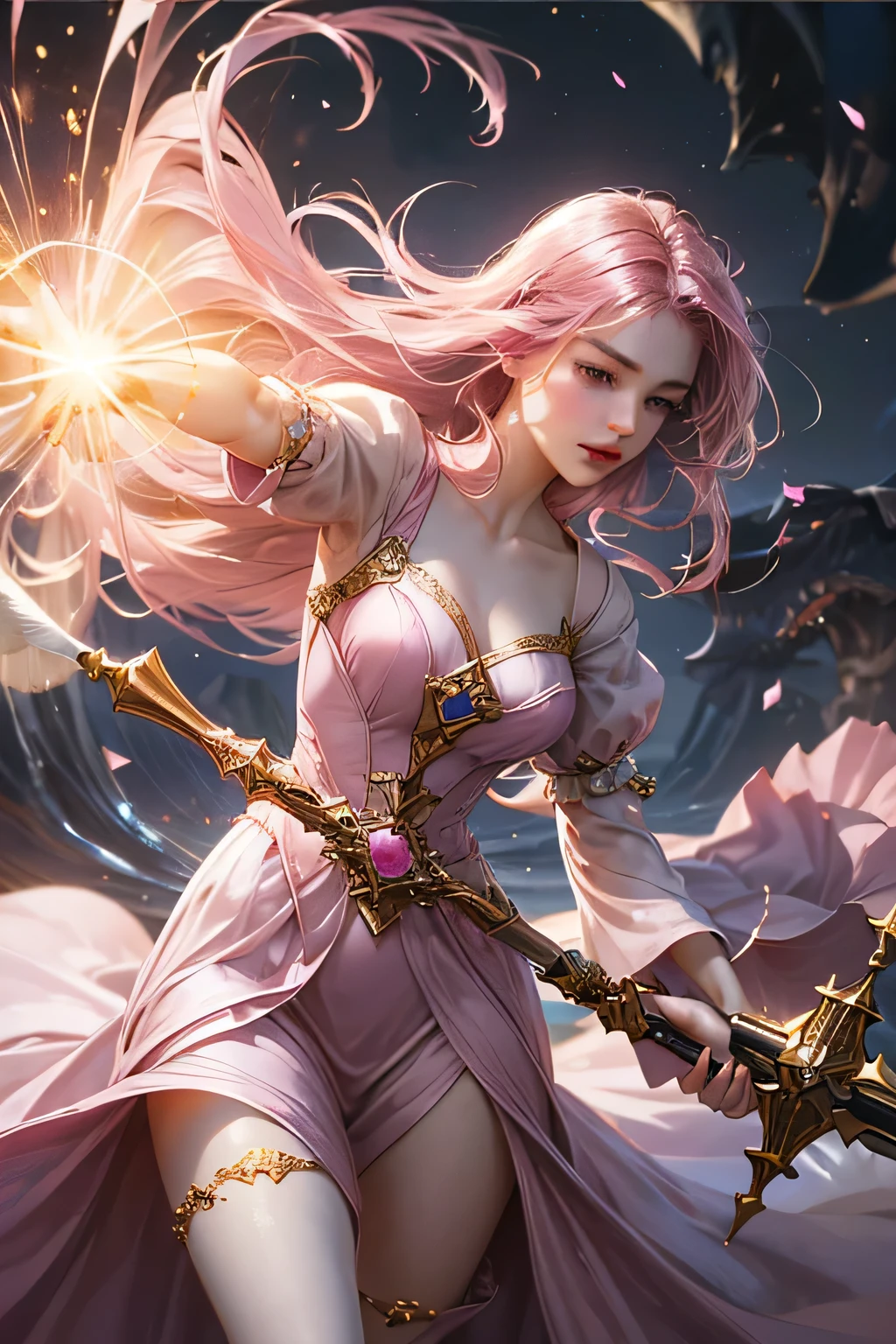 "Create an ultra-realistic image of a stunning 18-year-old girl holding an air magical staff that exudes the energy of the wind and sky. She should be dressed in a sophisticated, ((((((dark pink)))))) shaded outfit that contrasts beautifully with her airy element. Depict her surrounded by elements of air, such as swirling breezes, floating feathers, and gentle currents, to highlight her command over this element. Include a distinct air symbol on her body, signifying her role as the keeper of air and illustrating the powerful, ethereal energy of air she holds within her."