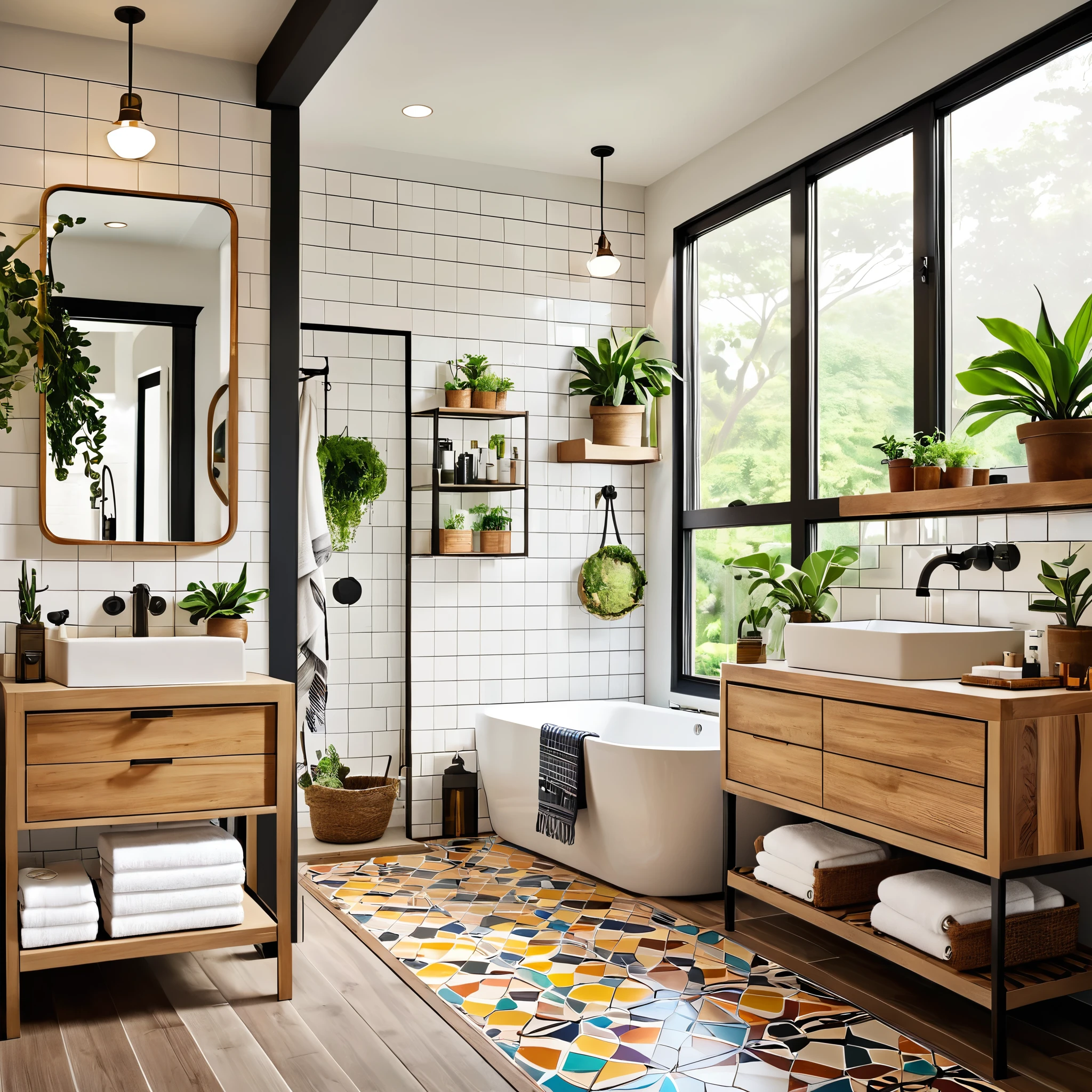 Design a cozy and vibrant bathroom featuring a mix of modern and natural elements. The room includes a white toilet, white subway tile walls, and a wooden vanity with a mirror above it. The floor is adorned with colorful patterned tiles. Add a variety of potted and hanging plants throughout the space to bring a touch of nature indoors. Ensure the room is well-lit with natural light coming through a window, creating a fresh and inviting atmosphere. Include small decorative items and toiletries on the vanity to complete the look