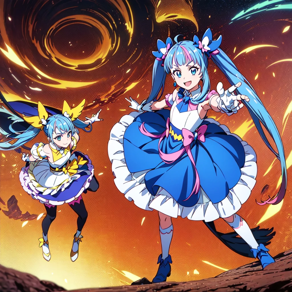 1girl、(((Highest quality、Masterpiece、Official Art、Dynamic composition、Super detailed)))、Cure Sky, dress, Twin tails, Gradient Hair, Ahoge, Blunt bangs, Wings on the head, Fingerless gloves, White shirt, Puffy sleeves, Cape, Knee socks, blue legwear, gem, Single earring, One girl, alone, whole body, In-person audience, (View your viewers:1.5), in the center, smile,
