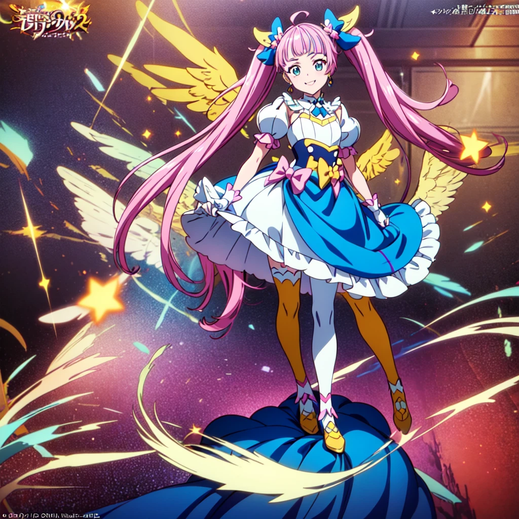 1girl、(((Highest quality、Masterpiece、Official Art、Dynamic composition、Super detailed)))、Cure Sky, dress, Twin tails, Gradient Hair, Ahoge, Blunt bangs, Wings on the head, Fingerless gloves, White shirt, Puffy sleeves, Cape, Knee socks, blue legwear, gem, Single earring, One girl, alone, whole body, In-person audience, (View your viewers:1.5), in the center, smile,
